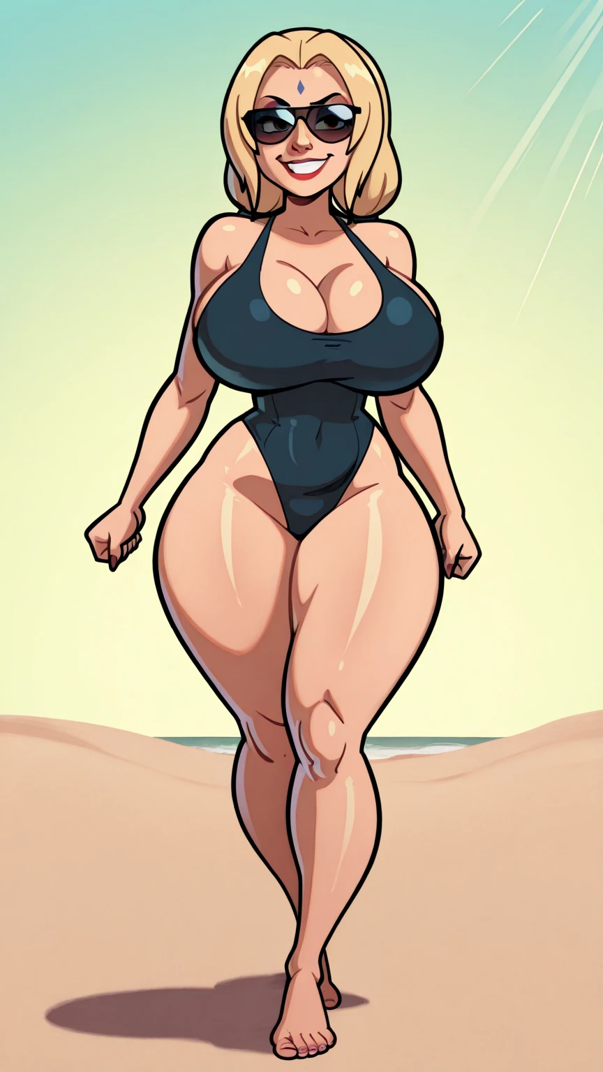 8K, ((masterpiece)), ((stunning artwork)), (carefully drawn), (highly detailed), solo, alone, uploaded to e621.net, solo, by meesh, by darkgem, by wfa, by kevinsano, diane foxington, eyebrow piercing, female, detailed eyes, perfect eyes, (:1.2),  outline, (sling :1.5), standing upright, older woman, milf, short, curvy, thick,  midriff,  feet, standing on sand, walking toward viewer, smiling, tail, beachside, venice beach, los angeles, sunny day, brightly lit, standing upright, casual posture, crowded, figures in background