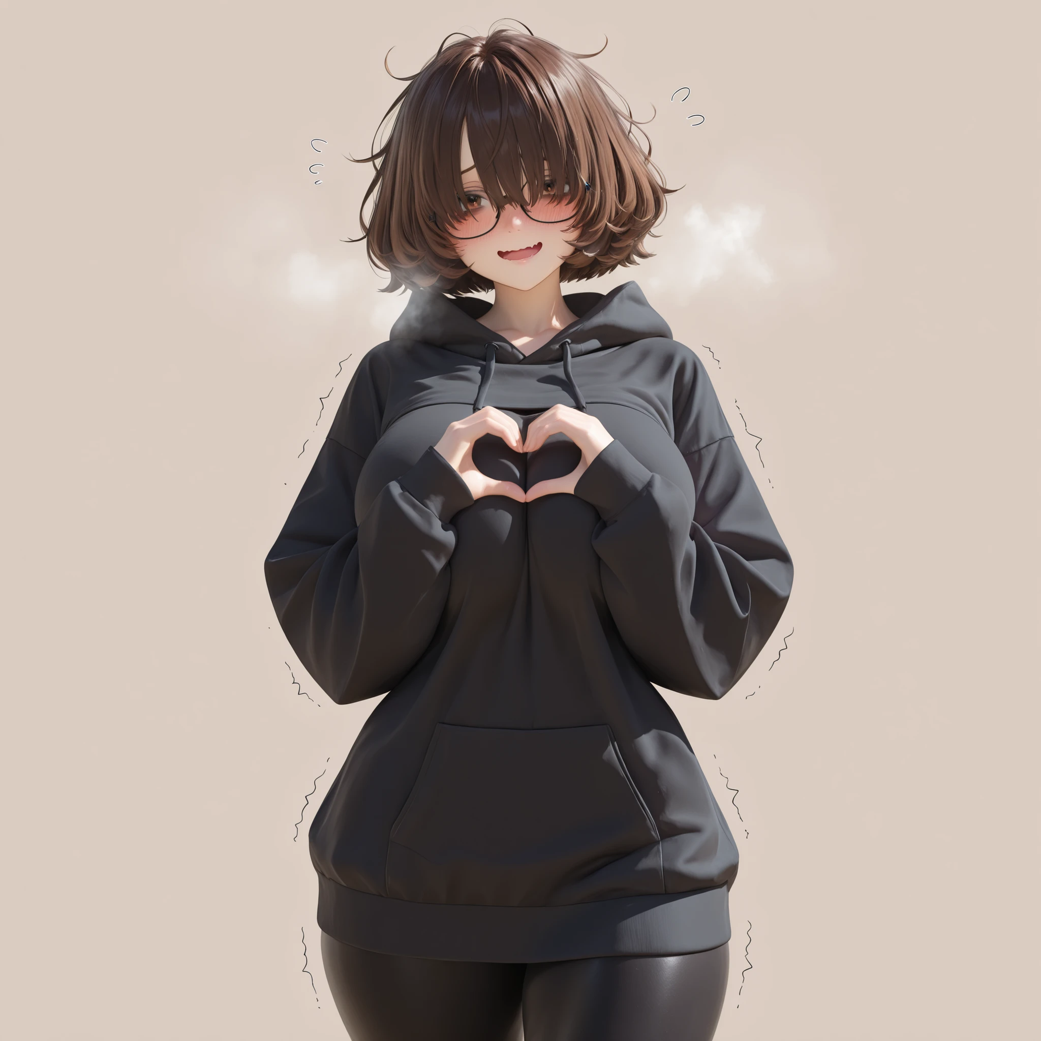 masterpiece, ultra-HD, impressionism, high detail, best quality, very aesthetic, 8K, best quality, beautiful, ultra-high resolution, 32K UHD, sharp focus, 3D, 1girl, solo, short messy hair, brown hair, puffy hair, bob cut, hair over eyes, brown eyes, eyelashes, bags under eyes, , narrow waist, wide , thick thighs, shapely legs, slim, black baggy hoodie, black leggings, glasses, full-face blush, tired, , excited, open mouth, smile, trembling, steam, wavy mouth, shy, nervous, cute, peace sign hands, standing, looking at the viewer, simple background, front view