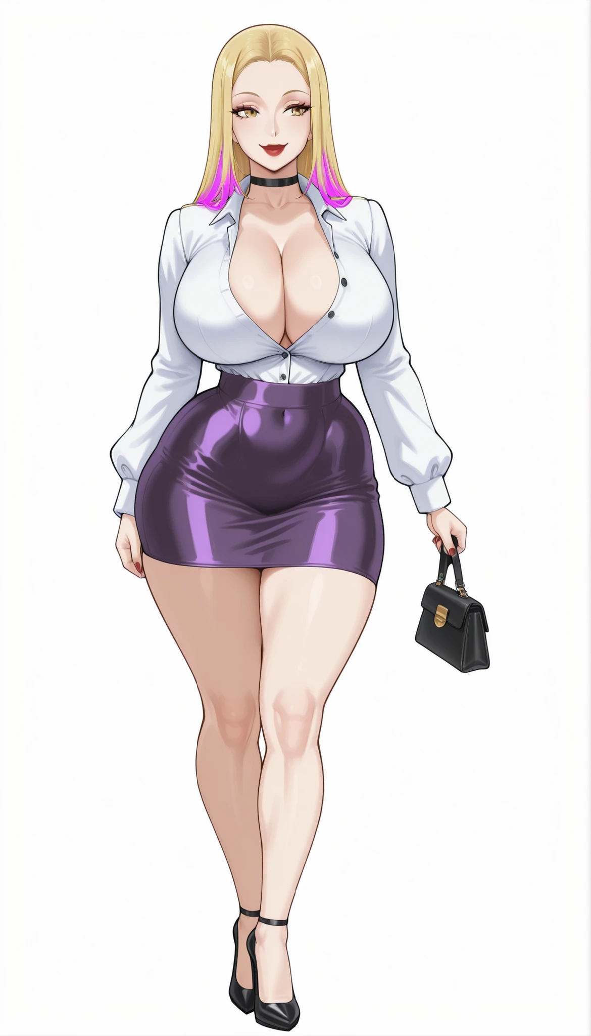 Accurate Jinsuke manga STYLE - Paladin (ビキニ・ウォリアーズ), a beautiful adult bimbo woman with long forehead-parted flat sleek straight yellow-blonde hair, round forehead, big yellow eyes, bimbo plump round-shaped red lips, red nails, big round milf breasts, fair natural glowy skin, an hourglass figure, slim arms, round hips, and a tempting sexy slender body. She's wearing a formal white office shirt with full sleeves and top unbuttoned cleavage buttons, a revealing micro mini short sexy tight purple skirt, a black choker, full bare legs, and tall strappy black heels. She's standing straight, holding one purse in one hand, smiling, and a plain empty white background. Show her full body head to heels, SOLO, proper middle-waist level view, and super hyper-detailed.