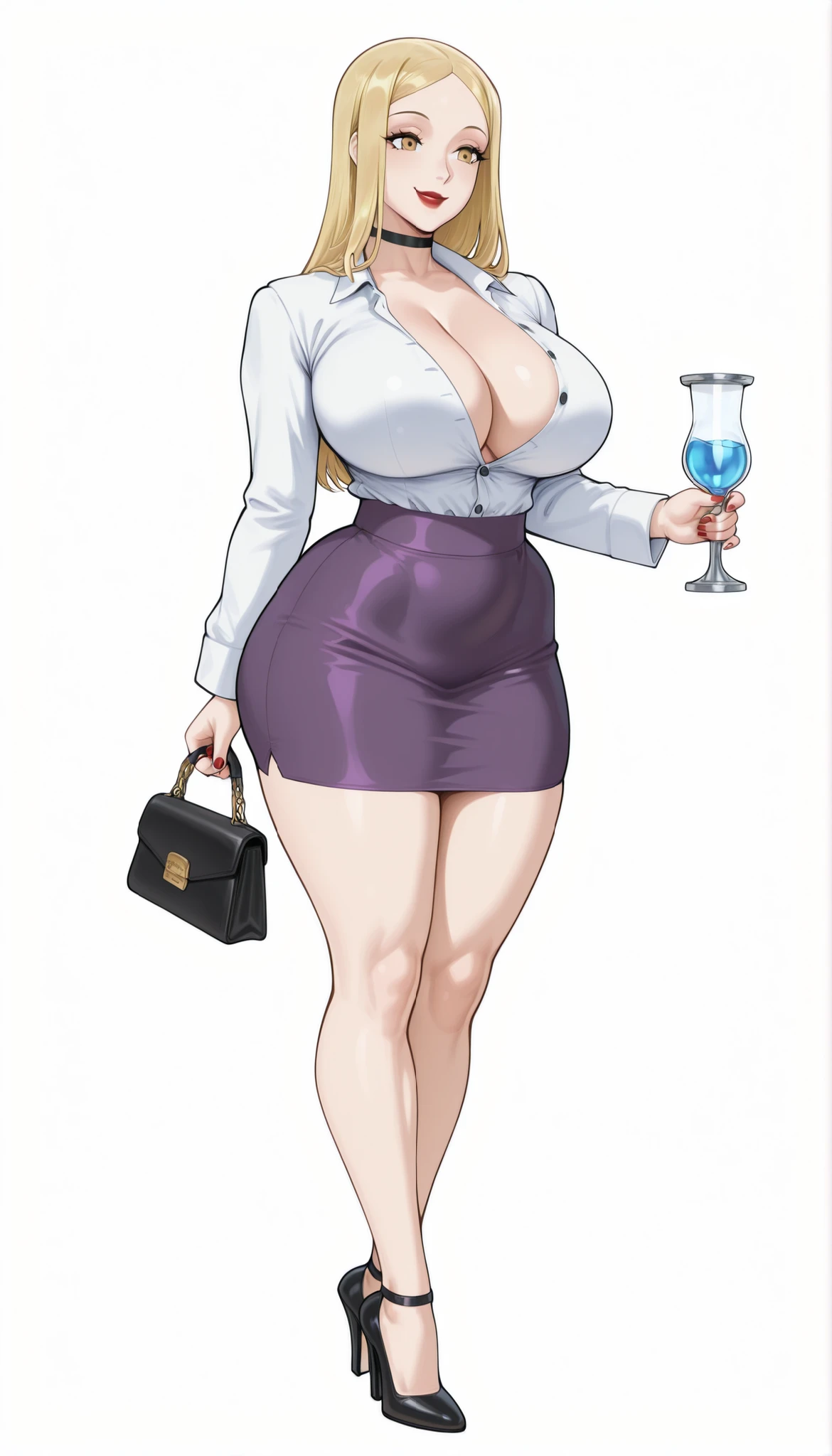 Accurate Jinsuke manga STYLE - Paladin (ビキニ・ウォリアーズ), a beautiful adult bimbo woman with long forehead-parted flat sleek straight yellow-blonde hair, round forehead, big yellow eyes, bimbo plump round-shaped red lips, red nails, big round milf breasts, fair natural glowy skin, an hourglass figure, slim arms, round hips, and a tempting sexy slender body. She's wearing a formal white office shirt with full sleeves and top unbuttoned cleavage buttons, a revealing micro mini short sexy tight purple skirt, a black choker, full bare legs, and tall strappy black heels. She's standing straight, holding one purse in one hand, smiling, and a plain empty white background. Show her full body head to heels, SOLO, proper middle-waist level view, and super hyper-detailed.