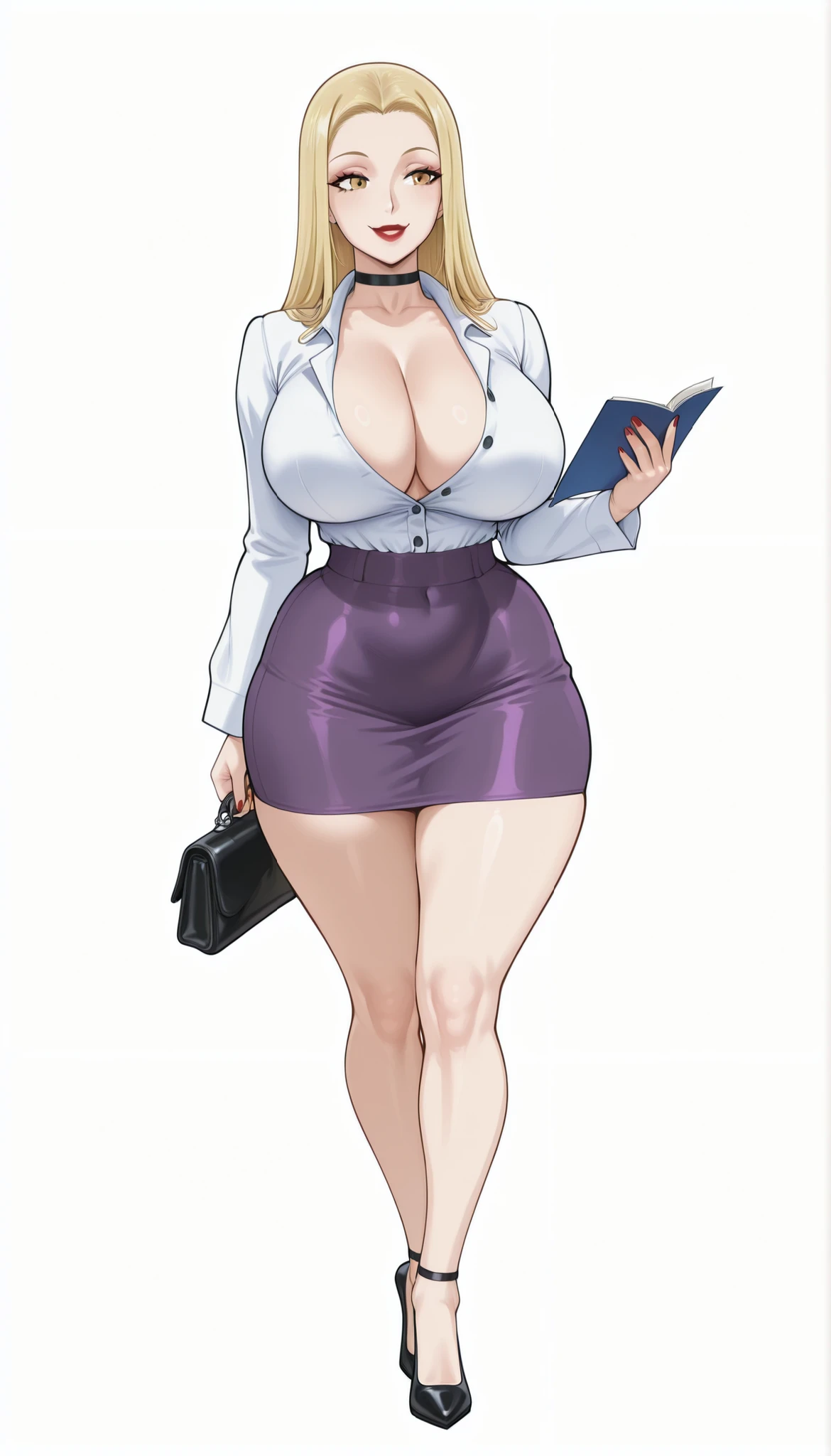 Accurate Jinsuke manga STYLE - Paladin (ビキニ・ウォリアーズ), a beautiful adult bimbo woman with long forehead-parted flat sleek straight yellow-blonde hair, round forehead, big yellow eyes, bimbo plump round-shaped red lips, red nails, big round milf breasts, fair natural glowy skin, an hourglass figure, slim arms, round hips, and a tempting sexy slender body. She's wearing a formal white office shirt with full sleeves and top unbuttoned cleavage buttons, a revealing micro mini short sexy tight purple skirt, a black choker, full bare legs, and tall strappy black heels. She's standing straight, holding one purse in one hand, smiling, and a plain empty white background. Show her full body head to heels, SOLO, proper middle-waist level view, and super hyper-detailed.