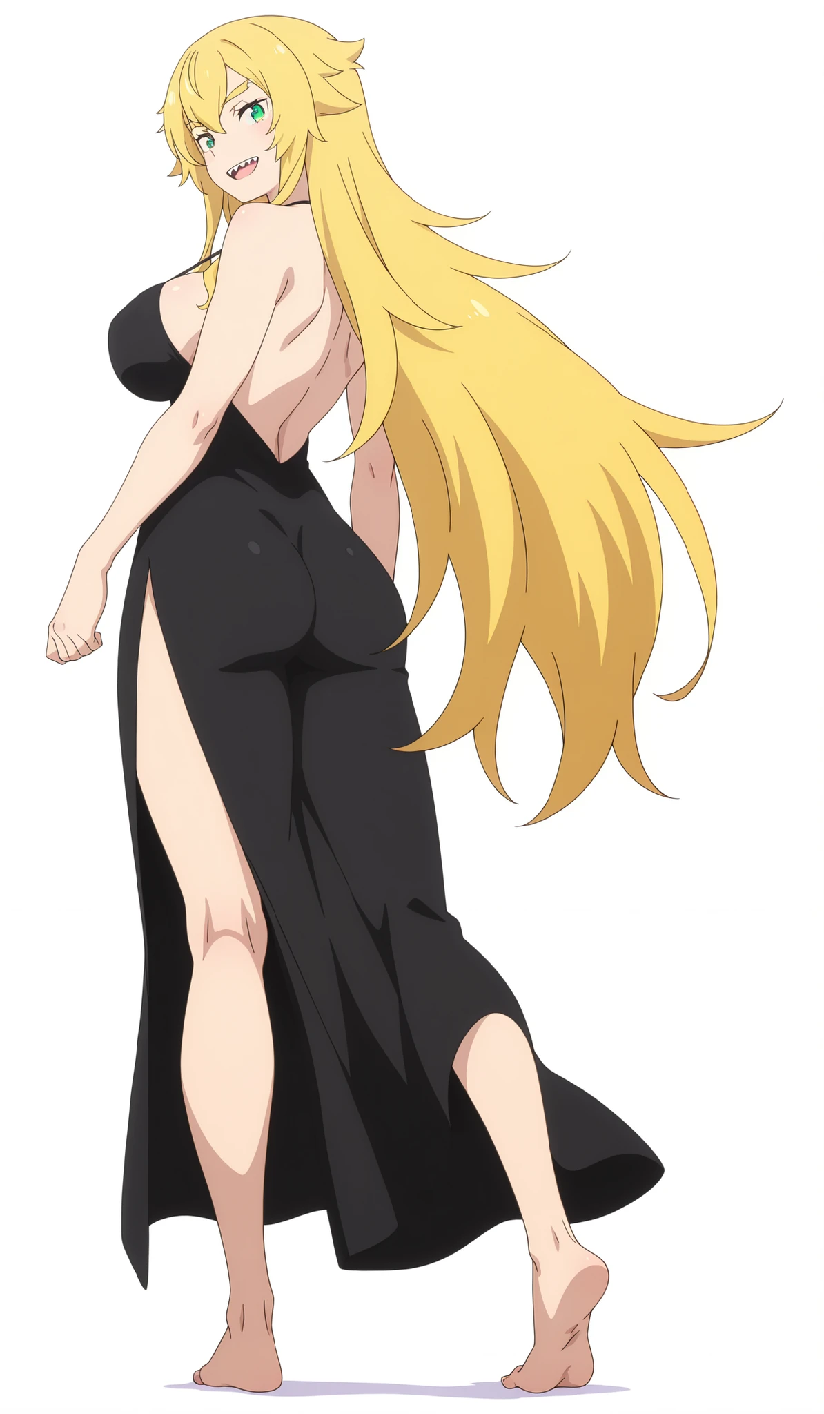 masterpiece , best quality , amazing quality , very aesthetic , absurdres , newest , scenery , best quality , anime coloring , (detailed eyes:1 . 2) , scenery , backlight, ((detailed hands)) , anime screencap , moody lighting , foreshortening , 1 girl, Frederica,  thick eyebrows, open mouth, upper teeth only, sharp teeth, Half-close eyes, smile, (smirk), hair flaps, hair between eyes, very long hair, blonde hair, green eyes, big breasts, looks at the viewer, athletic body, naked, ((perfect body)), white background, empty background, (((white background))), hips, (big legs), ideal body proportions, pumped up legs, ((ultra detailed toes)), (toned shin), standing, long dress , black dress, Cleavage, bare shoulders, back view, (ass), butt, foot focus, sole foot,, standing, crossed leg, full body,
