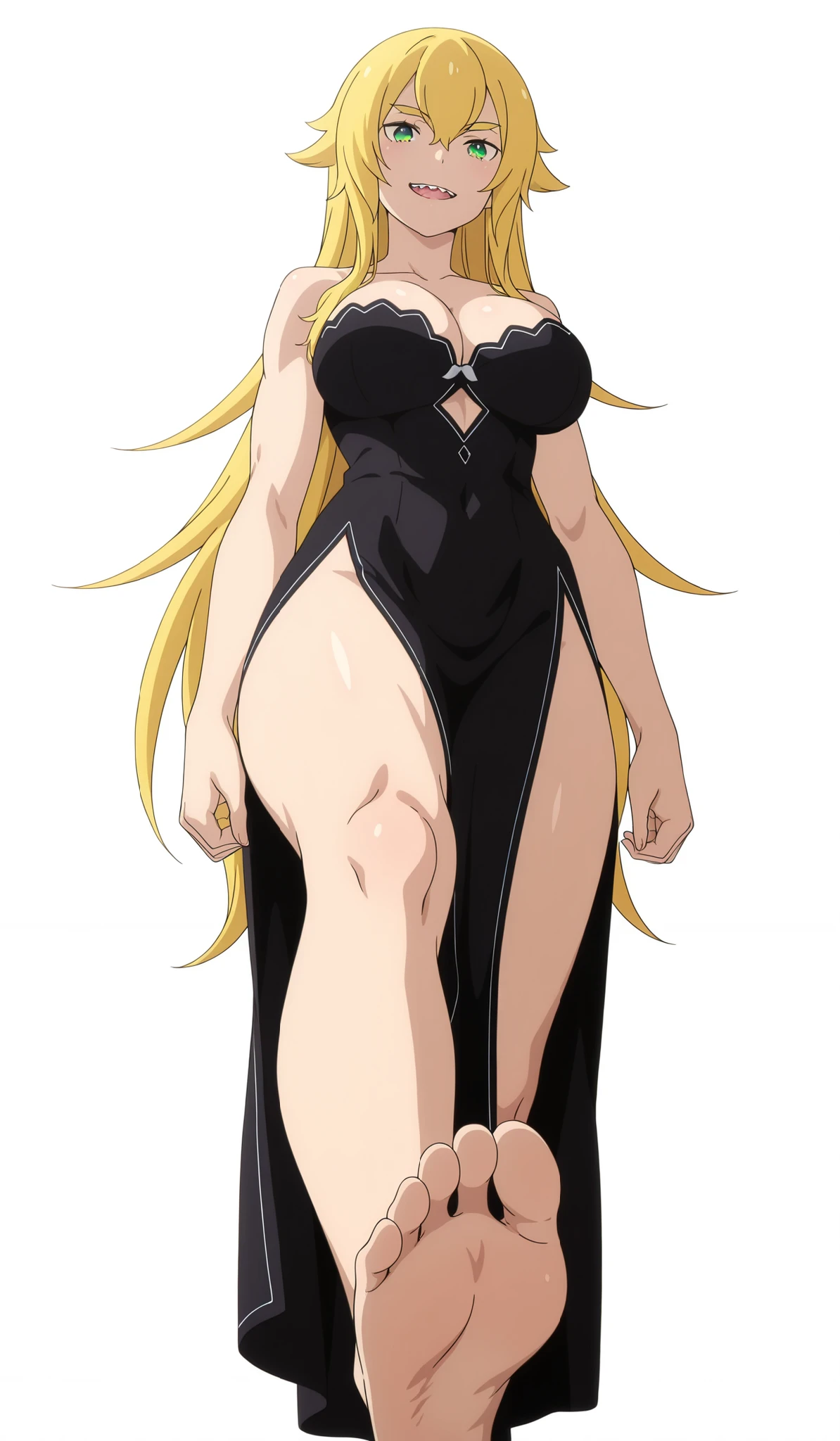 masterpiece , best quality , amazing quality , very aesthetic , absurdres , newest , scenery , best quality , anime coloring , (detailed eyes:1 . 2) , scenery , backlight, ((detailed hands)) , anime screencap , moody lighting , foreshortening , 1 girl, Frederica,  thick eyebrows, open mouth, upper teeth only, sharp teeth, Half-close eyes, smile, (smirk), hair flaps, hair between eyes, very long hair, blonde hair, green eyes, big breasts, looks at the viewer, athletic body, long dress , black dress, Cleavage, bare shoulders, ((perfect body)), white background, empty background, (((white background))), hips, big legs, (ideal body proportions, toned biceps, pumped up legs, standing, sole foot, (foot focus), view from below, crossed leg