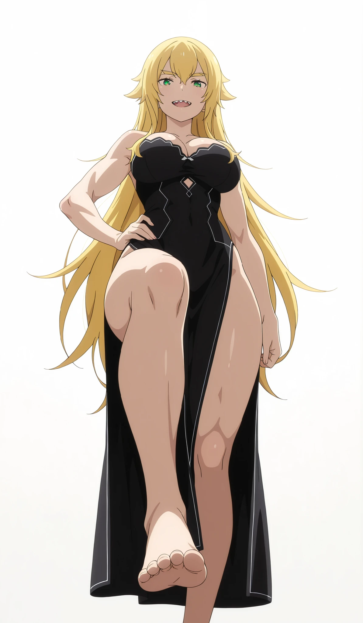 masterpiece , best quality , amazing quality , very aesthetic , absurdres , newest , scenery , best quality , anime coloring , (detailed eyes:1 . 2) , scenery , backlight, ((detailed hands)) , anime screencap , moody lighting , foreshortening , 1 girl, Frederica,  thick eyebrows, open mouth, upper teeth only, sharp teeth, Half-close eyes, smile, (smirk), hair flaps, hair between eyes, very long hair, blonde hair, green eyes, big breasts, looks at the viewer, athletic body, long dress , black dress, Cleavage, bare shoulders, ((perfect body)), white background, empty background, (((white background))), hips, big legs, (ideal body proportions, toned biceps, pumped up legs, standing, sole foot, (foot focus), view from below, crossed leg