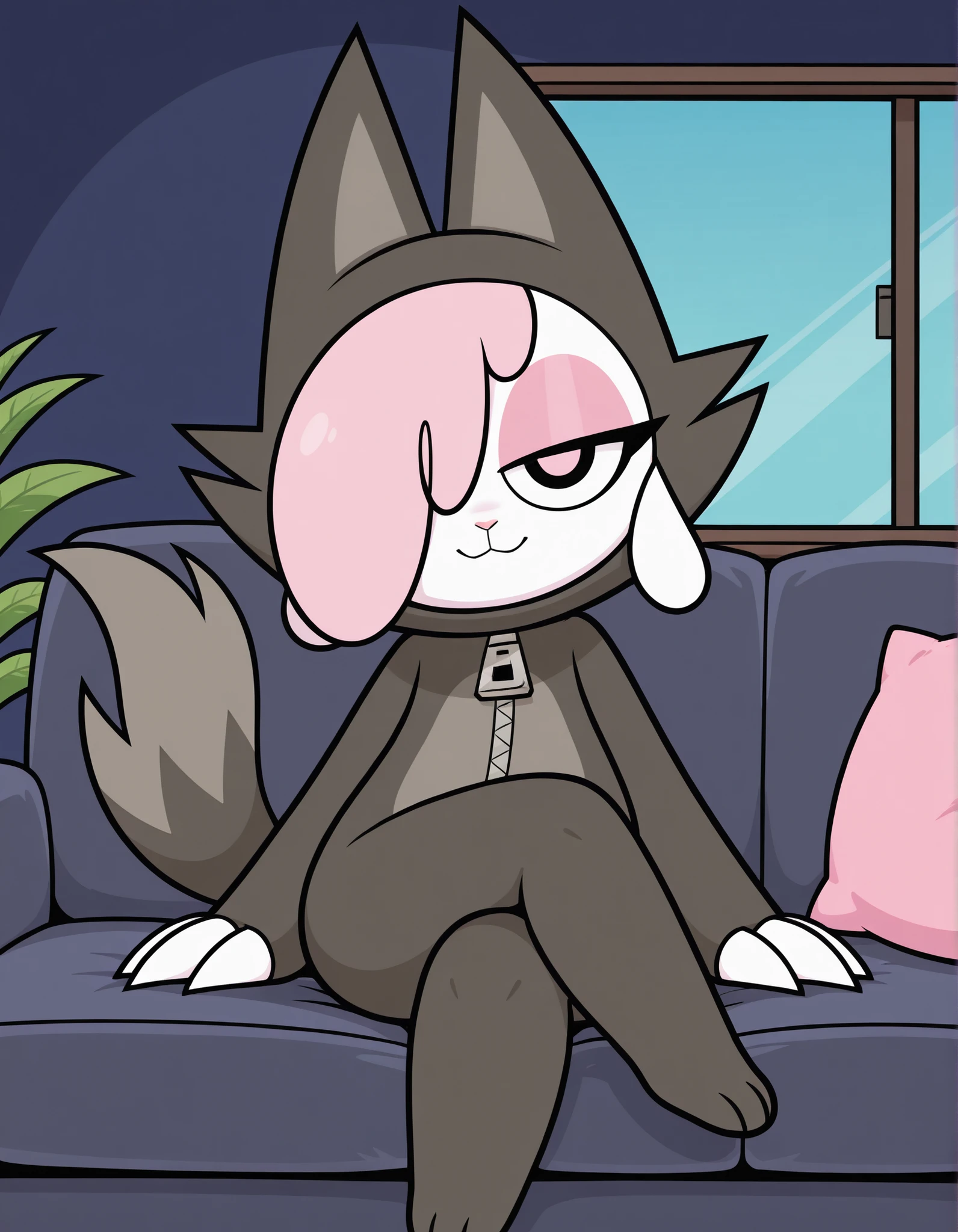 cofi, 1girl, cofi, animal costume, goat girl, wolf tail, claws,, solo, furry, sitting on sofa, inside, dark blue background, smile, hair over one eye, pink pupil,
detailed background, borderless, masterpiece, best quality, reflect, blue sky solo, adorable, zipper, bedroom, looking at viewer
looking at viewer
highly detailed, ultra detailed
day time,
crossed legs