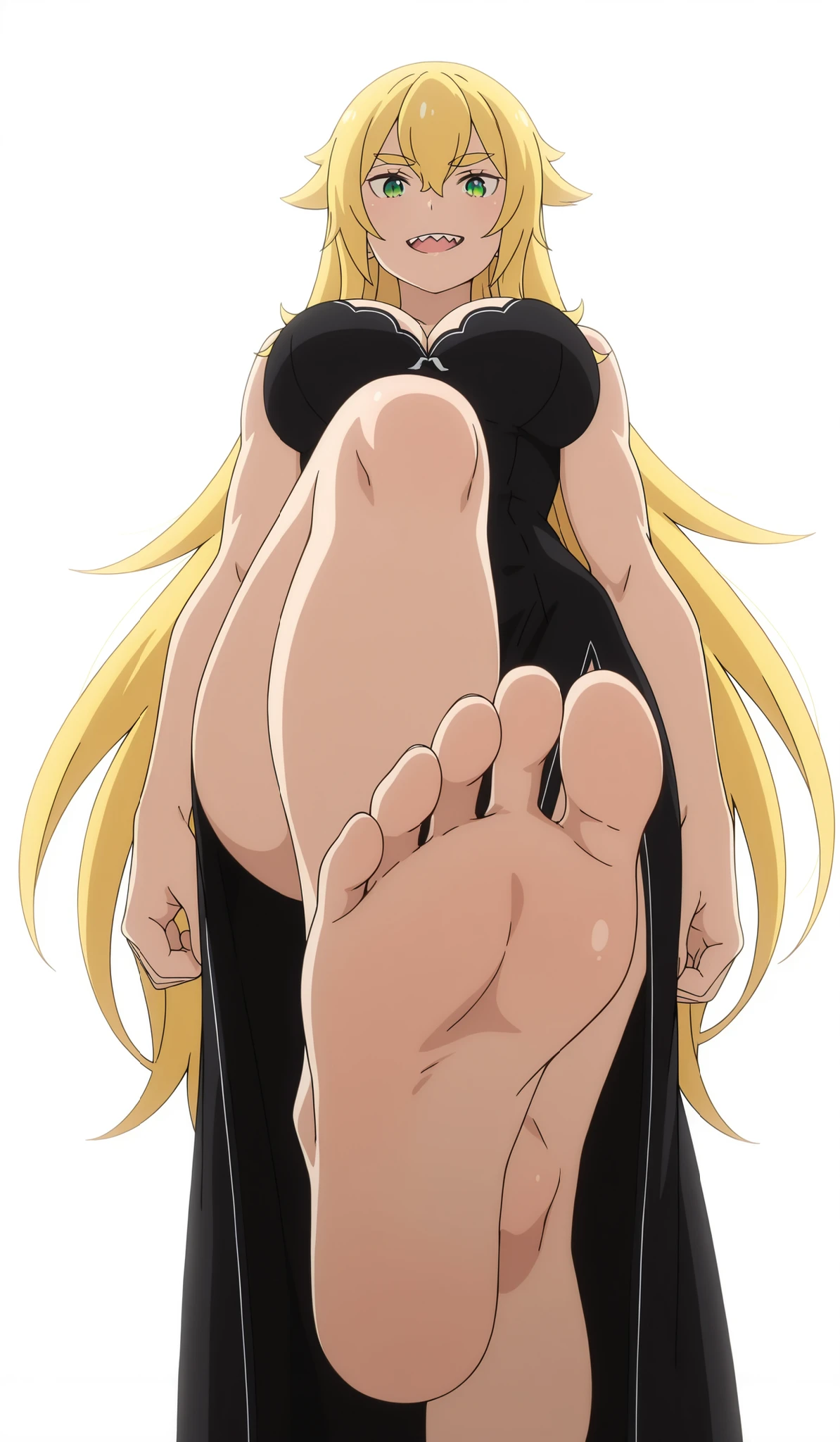 masterpiece , best quality , amazing quality , very aesthetic , absurdres , newest , scenery , best quality , anime coloring , (detailed eyes:1 . 2) , scenery , backlight, ((detailed hands)) , anime screencap , moody lighting , foreshortening , 1 girl, Frederica,  thick eyebrows, open mouth, upper teeth only, sharp teeth, Half-close eyes, smile, (smirk), hair flaps, hair between eyes, very long hair, blonde hair, green eyes, big breasts, looks at the viewer, athletic body, long dress , black dress, Cleavage, bare shoulders, ((perfect body)), white background, empty background, (((white background))), hips, big legs, (ideal body proportions, toned biceps, pumped up legs, standing, sole foot, (foot focus), view from below, crossed leg