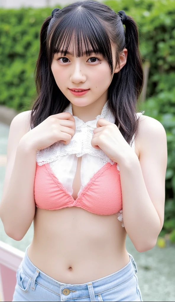 A 20-year-old woman who looks 15 but has the cute face of an idol.。Gentle and cute。Please smile kindly。((No bra and a sheer white silk camisole))、breasts are slightly larger、(((He is short and 1ｍAbout 50cm)))、(((Home garden))、(Cinema lighting)、（Full body portrait)、((Quality indistinguishable from real life))、masterpiece、I'.　RAW Photos　Genuine　realism　Genuine　Genuine life