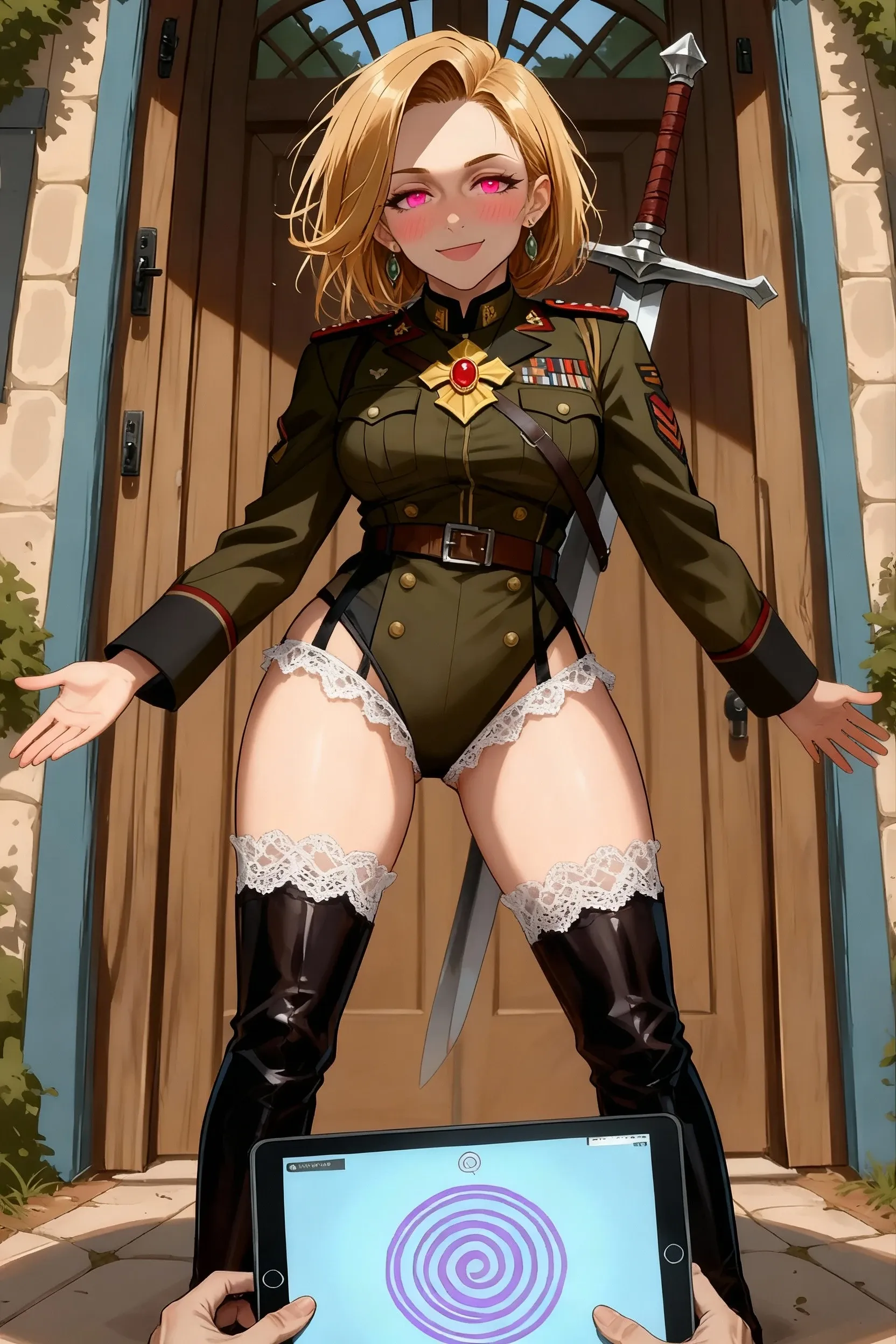 score_9, score_8_up,score_7_up, score_6_up,source_anime, BREAK yom style, by yomu, Soviet Military uniform, Soviet garrison cap, belt, blond, braided hair, clothes are unbuttoned, breast, nipples, musk clouds, green stockings, juice pussy, vertical splits, leg up, peace sign, one eye closed, green eye, holding leg, smile, Stick tongue