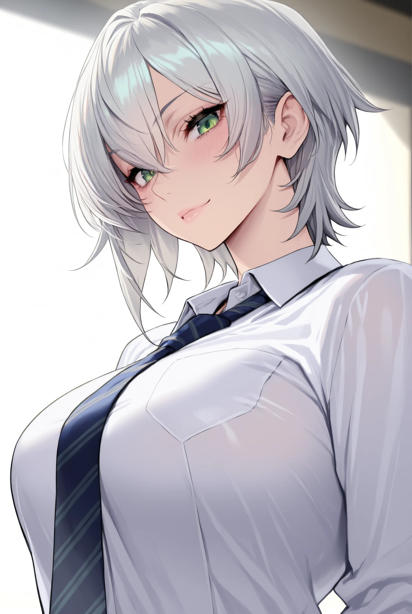 1 woman、Beautiful Woman、is cool、looks like an adult、Mean、are cool、short hair、 Silver Hair、green eyes、Bad guy、beautiful、detailed、masterpiece、top quality、look down、Slender、school、Hawk Beastman