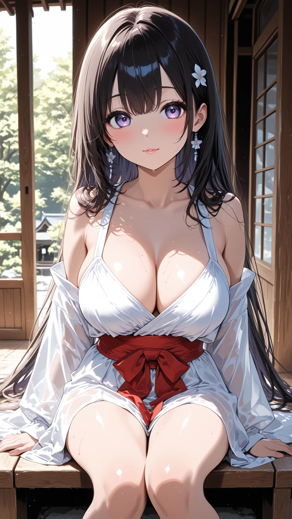 Amazing Chitanda, There is only one beautiful girl，Purple Eyes, Black Hair, Very red face，Very white skin，Glowing skin，Skin as delicate as porcelain，Naturally straight hair, Straight bangs，Extremely refined，Open lips，Long flowing hair，Beautiful Girl, Like a dream，Slim，Slim waist，Soft, (Sensual), (Kawaii), Dream quality，Beautiful big breasts， loose school uniform，，Completely ，White gloves，Flower decoration，Deep V neckline，Loose neckline，Wide neckline，Walking in school，Place your hands on your inner thighs，Thighs clamp hands，Wet skin，Sweaty and sweaty，Sweating all over， Rain，Next to the cherry blossom trees，Back to，Lean over，Hips，Side body，Gluteal groove，Completely 的臀部， back，Completely 的背部，Light transmission，（），nopan，， shoulders， neck， collarbone，Exposing breasts，Exposing breasts侧面，Exposing breasts下面，Show your waist，Show your buttocks，Show your thighs，Exposing the groin，（），extremely shy，Ultra-high resolution, (masterpiece:1.2, best quality), (Delicate and beautiful eyes: 1.2), (Beautiful and delicate face)