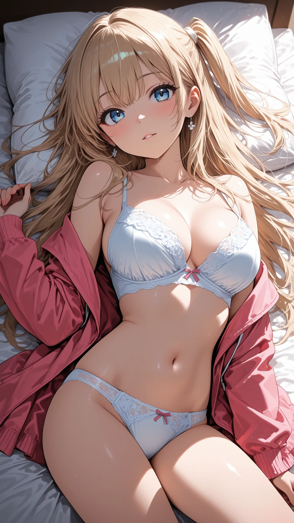 (masterpiece, computer, mejor quality, Clear focus, shadow, anime-style, ultra high resolution, 8K, perfect anatomy, perfect face, (detailed face), ( Detailed eye ), score_9, score_8_above, score_7_above, score_6_above, score_5_above, score_4_above, source _animated, Label 1, Label2, quality_masterpiece, Anatomically Correct, beautiful face, perfect face, Beautiful and highly detailed face and eyes, Attractive face, detailed face, Delicate facial features, detailed skin, huge breasts, breast size cup D or DD, wide hips, gigantic butt, muslos gruesos. looking at the viewer. Anime-style illustration of a beautiful woman with an elegant and sensual look. An attractive and voluptuous young anime woman with fair skin, sweet expression and direct look. Young and attractive anime girl, with a serene and confident expression. She has large light blue eyes, Very expressive, and clear skin, soft and without imperfections. Her lips are fleshy and painted with soft red lipstick, perfectly defined. Her face has a harmonious symmetry, with high cheekbones and delicate jaw. Her hair is light blonde with golden reflections, smooth and loose, slightly moved by the wind. She wears a black blouse with a round neckline. In the background, You can distinguish a messy bed, clothes and objects on the wooden floor, giving an informal and intimate atmosphere to the scene. The pink-violet lighting gives a modern and relaxed air to the image.