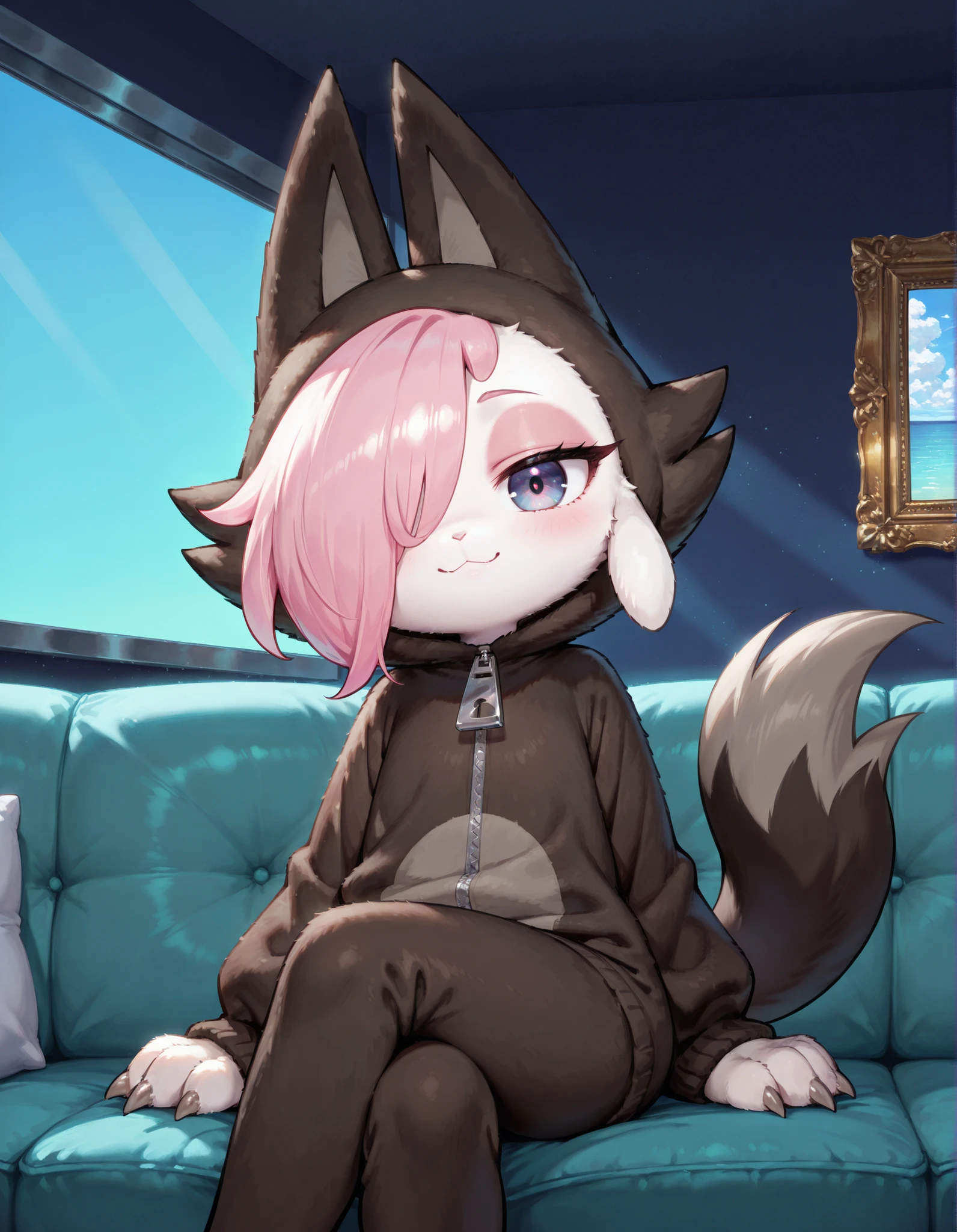 cofi, 1girl, cofi, animal costume, goat girl, wolf tail, claws,, solo, furry, sitting on sofa, inside, dark blue background, smile, hair over one eye, pink pupil,
detailed background, borderless, masterpiece, best quality, reflect, blue sky solo, adorable, zipper, bedroom, looking at viewer
looking at viewer
highly detailed, ultra detailed
day time,
crossed legs