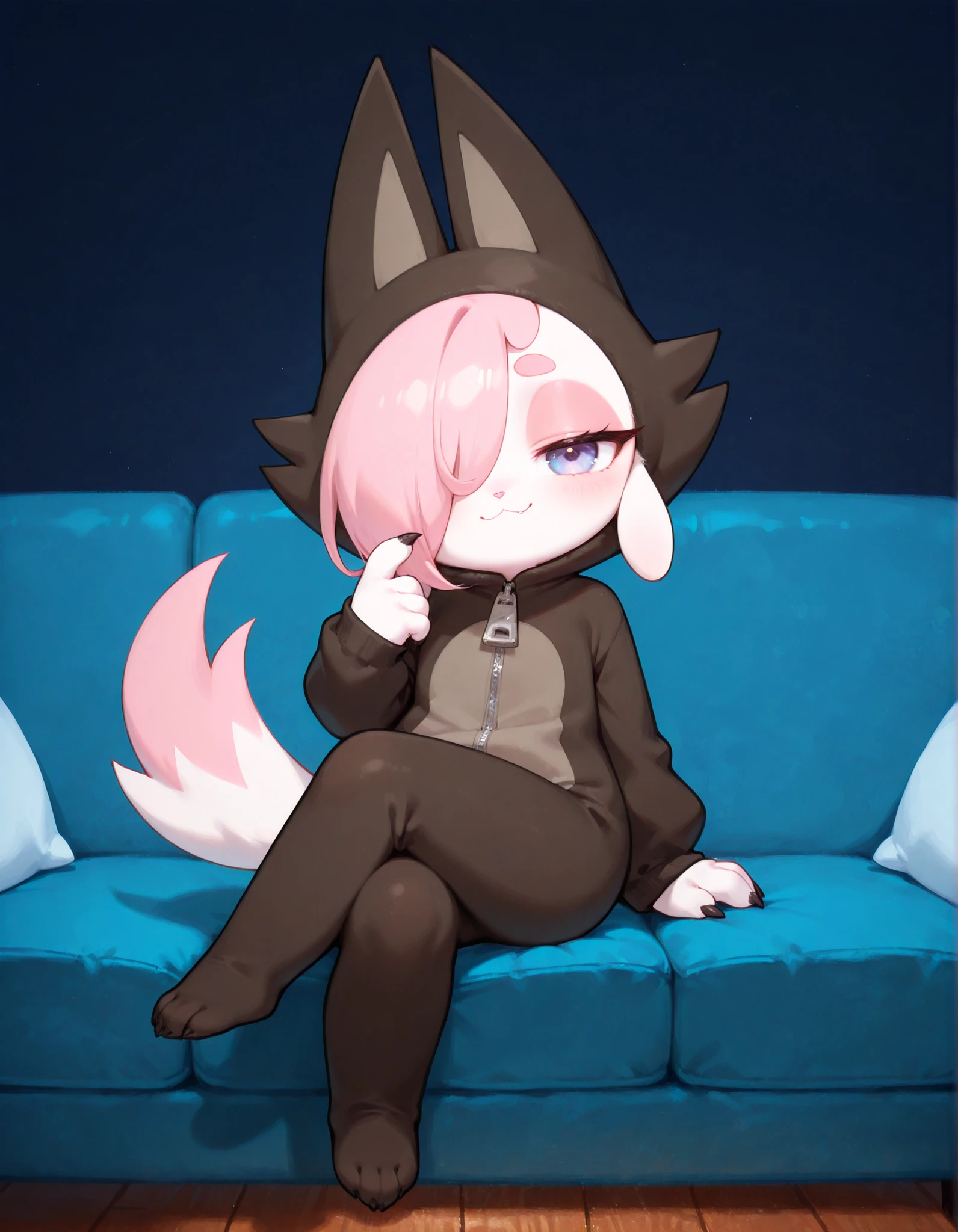cofi, 1girl, cofi, animal costume, goat girl, wolf tail, claws,, solo, furry, sitting on sofa, inside, dark blue background, smile, hair over one eye, pink pupil,
detailed background, borderless, masterpiece, best quality, reflect, blue sky solo, adorable, zipper, bedroom, looking at viewer
looking at viewer
highly detailed, ultra detailed
day time,
crossed legs