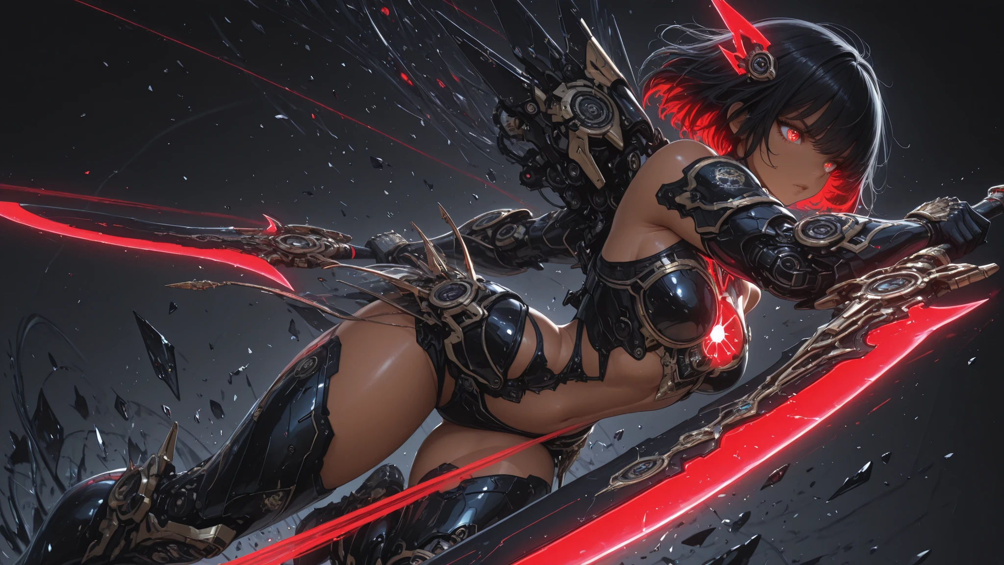 masterpiece, best quality, high detail, 1 girl, black hair , gray-steel eyes , Tanned skin, power armor, advanced gear, fantasy tech armor,

high-fantasy divine armor with sleek blade-like plating, inspired by angelic mechanical design, reflective metallic surfaces, elegant sharp edges, layered segmented armor, luminous gold trims, black color scheme blended with red highlights, glowing turquoise magical lines, floating rune shards, ornate mechanical joints, premium detailed illustration style,  belly,  shoulder,Bare thighs,Bare top chest,Bare above the ,

character in a dynamic spinning pose, dual dagger spin with motion trails, agile assassin movement, mid-air rotation, fast and elegant body flow, swirling magical energy, dramatic lighting, powerful heroic presence, high-detail fantasy-tech aesthetic