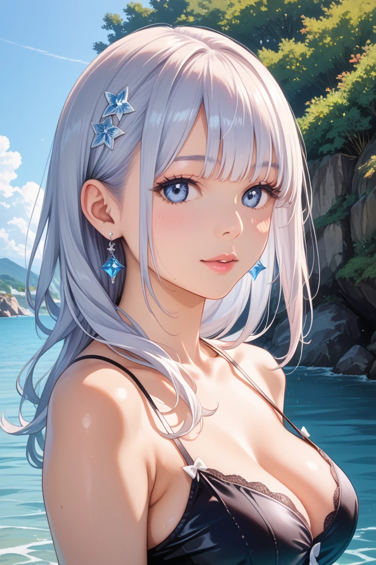 top quality, high quality texture, subtle, Realistic facial expressions, detailed skin, japanese cartoon movies, girl, 부드러운 눈light, ????, mixture, Model, illustration, portrait, kneel down, WS, Semi-real, princess, ????, fair skin, wind flower, pasture, water lake, sun, light, gray hair