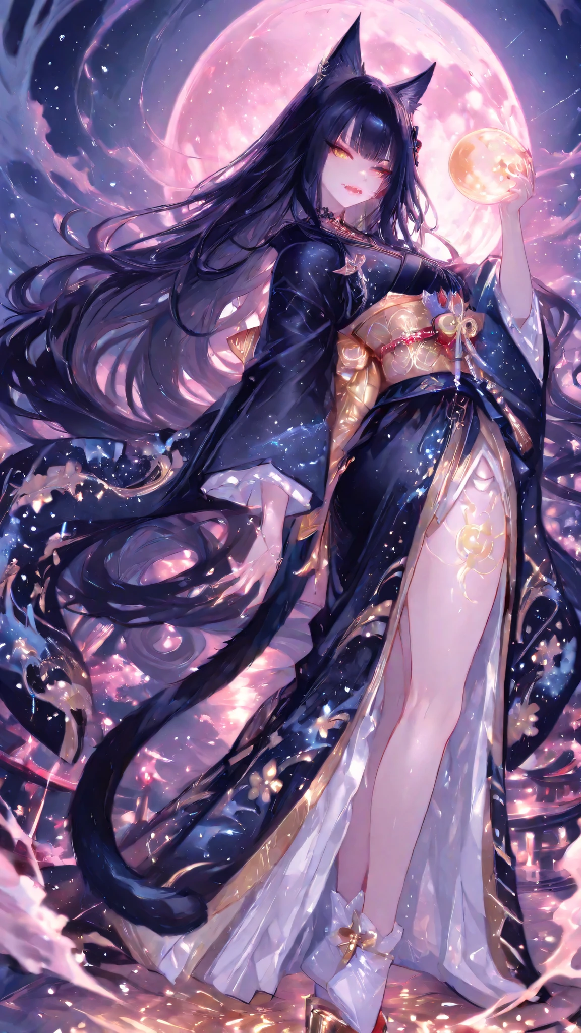 748cmstyle,perfect anatomy, masterpiece,  Illustration, ultra details, fine trait, best quality, ultra detailed, 1girl (kimono neko girl), cat tail, smilrk with fangs, claws, very long long wavy black hair, , , nice anime golden eyes, dynamic pose, in night japan village in background, moon and clouds, very detailed.