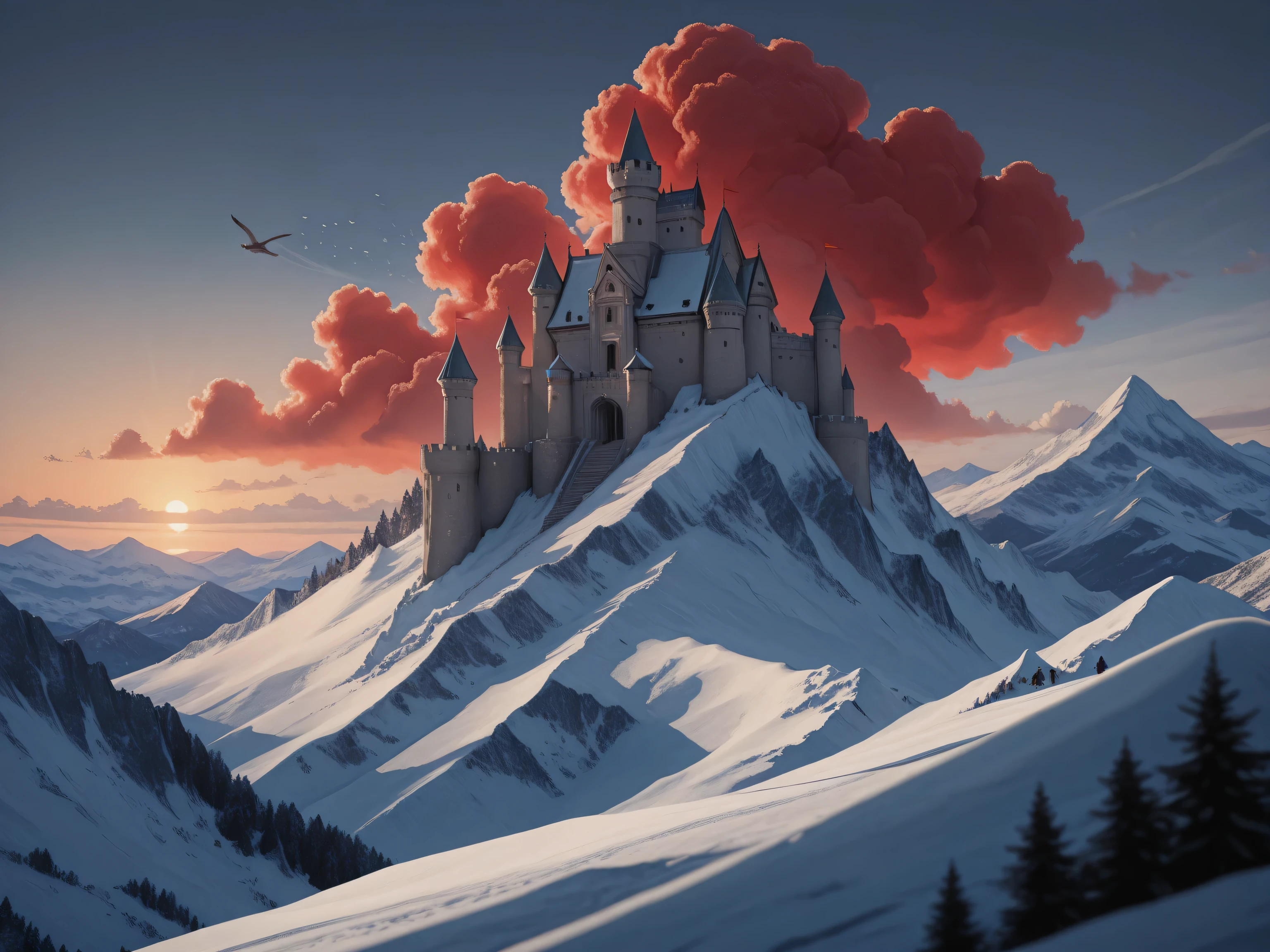 aidmaMJ6.1,masterpiece, best quality, very aesthetic, absurdres,x3rno1a,a panoramic award winning photography, Photorealistic, extremely detailed of a castle made from ice, standing on the peak of a snowy mountain, an impressive best detailed castle made from ice ,Photorealistic, extremely detailed, with towers, bridges, a moat, standing on top of a snowy mountain (masterpiece, extremely detailed, best quality), with red trees, orange trees, sunset light, some clouds in the air,  alpine mountain range background, best realistic, best details, best quality, 16k, [ultra detailed], masterpiece, best quality, (extremely detailed), ultra wide shot, photorealism, depth of field, made of ais-icebaby, FlshfrGR
