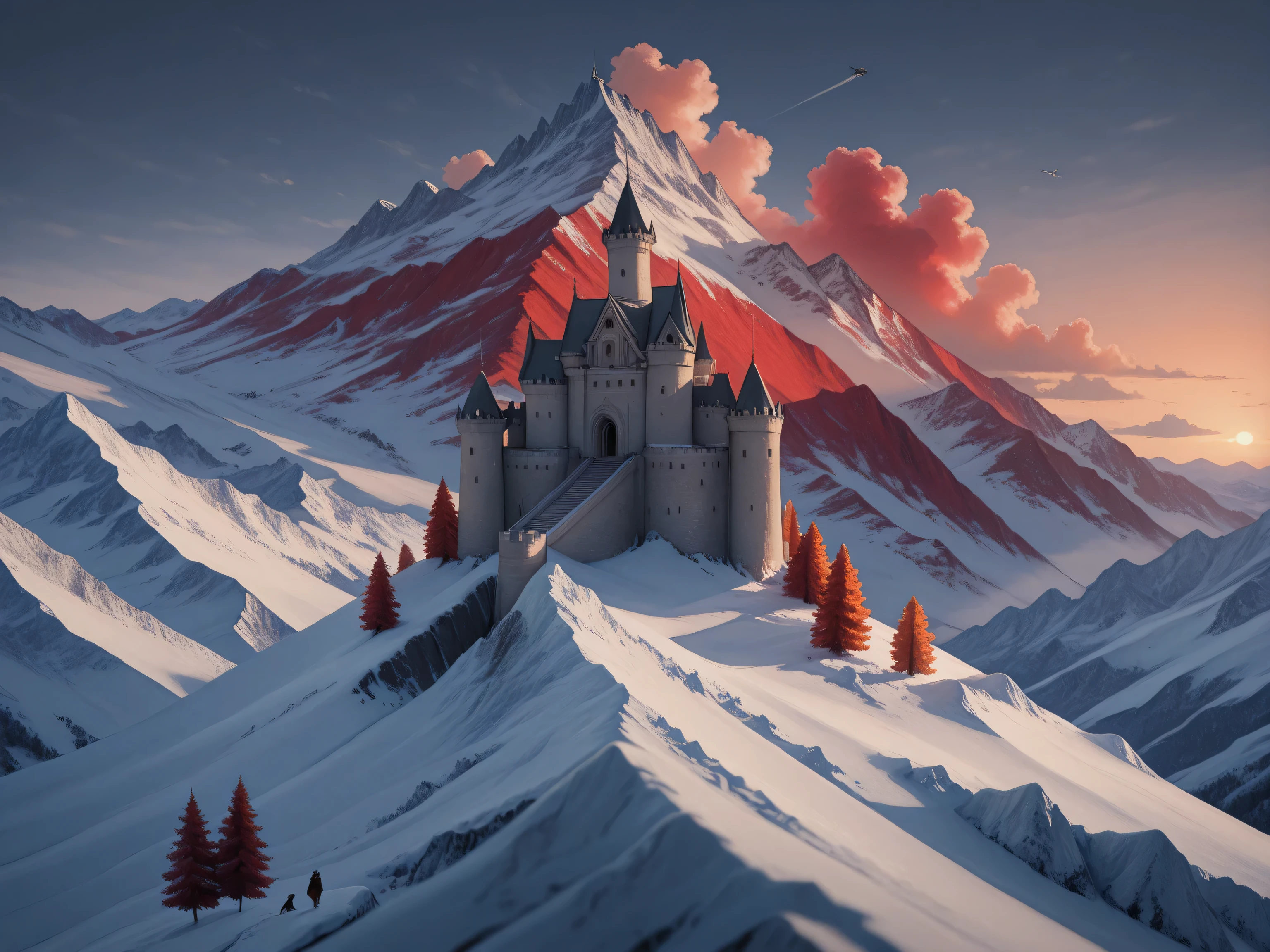 aidmaMJ6.1,masterpiece, best quality, very aesthetic, absurdres,x3rno1a,a panoramic award winning photography, Photorealistic, extremely detailed of a castle made from ice, standing on the peak of a snowy mountain, an impressive best detailed castle made from ice ,Photorealistic, extremely detailed, with towers, bridges, a moat, standing on top of a snowy mountain (masterpiece, extremely detailed, best quality), with red trees, orange trees, sunset light, some clouds in the air,  alpine mountain range background, best realistic, best details, best quality, 16k, [ultra detailed], masterpiece, best quality, (extremely detailed), ultra wide shot, photorealism, depth of field, made of ais-icebaby, FlshfrGR
