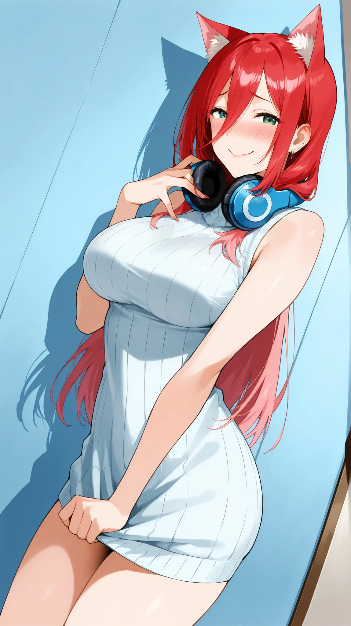 ((Studio: CloverWorks)) masterpiece , best quality , highly detailed , ultra high res , Score_9, Score_8_up, Score_7_up, perfect anatomy, detailed fingers, detailed big blue eyes, cowboy shot, dutch angle, focus on face, masterpiece, detailed anime, Sharp Focus, lady, JK, detailed face, detailed green eyes, long straight hair, red hair, mature woman, pink highlights, long bangs, joy in your eyes, knee, big breasts, solo (blue short sleeveless sweater dress, cheerful, smiling, very happy, embarrassed, Headphones around the neck, cat ears, In the behind the school, wall)