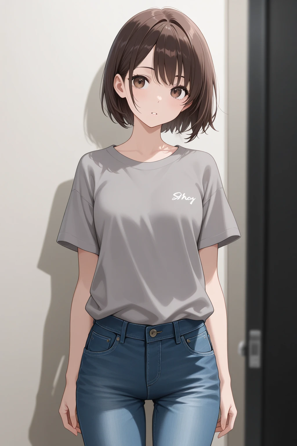 Residential Street,smile,Are standing,Put your hands behind your back,Yandere's Eye,1 ,boyish.Two-block shorthair,Black Hair,blush,White T-shirt,Olive green shorts,Brown Sandals,White skin,summer,From below,Open your hands,shy,Sweat,Open your mouth,