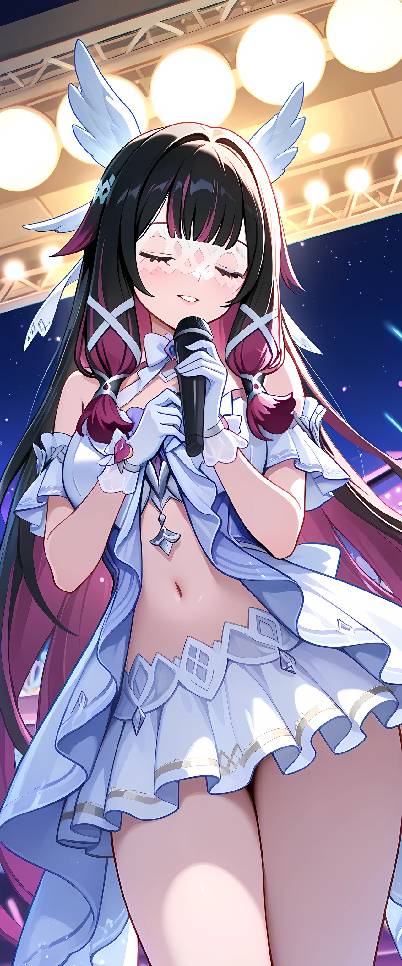 masterpiece), best quality,1girl,Columbina \(genshin impact\),closed eyes,eye mask,x hair ornament,wing hair ornament,head wings,hair ribbon,white ribbon,(very long hair),(long twintails:1.4),hair ribbons,flower bracelet,idol,(glitter clothes),(idol dress),big breasts,breast jiggle,curvy,blush,horny,cowboy shot,indoors,beach resort background,night,starry sky,crowd,colorful lightsticks,stage,heart choker,spoken heart,heart eye pupils,parted lips,smile,idol pose,heel sandals,high heels,sandal ribbons,singing,microphone,ribbon on microphone,holding microphone,long gloves,navel,midriff,short blouse,fluffy skirt