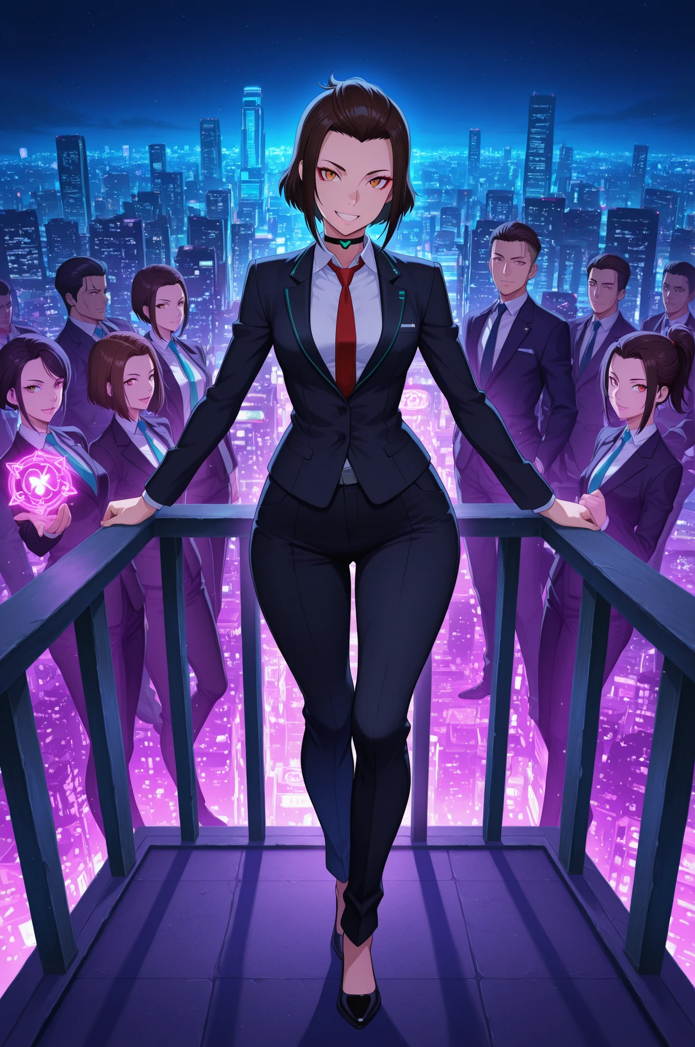 Azula , amber eyes . wavy dark brown hair strands above her shoulders. short hair. small breasts. huge hips. choker. | A crowd of people in suits defying conventions, showcasing strength and individuality. Focus on diverse business attire: tailored jackets, trousers, ties, shirts. Include alternative suit colors and cyberpunk-inspired business wear. Characters stand on a balcony with a breathtaking view of a neon-lit cybercity at night. High-tech skyscrapers, glowing holograms, and flying vehicles in the background. Dramatic lighting with neon reflections on polished shoes and suit fabrics. Ultra‑detailed, cinematic composition, 8K resolution, hyper‑realistic textures, dynamic poses. --ar 16:9 --v 6