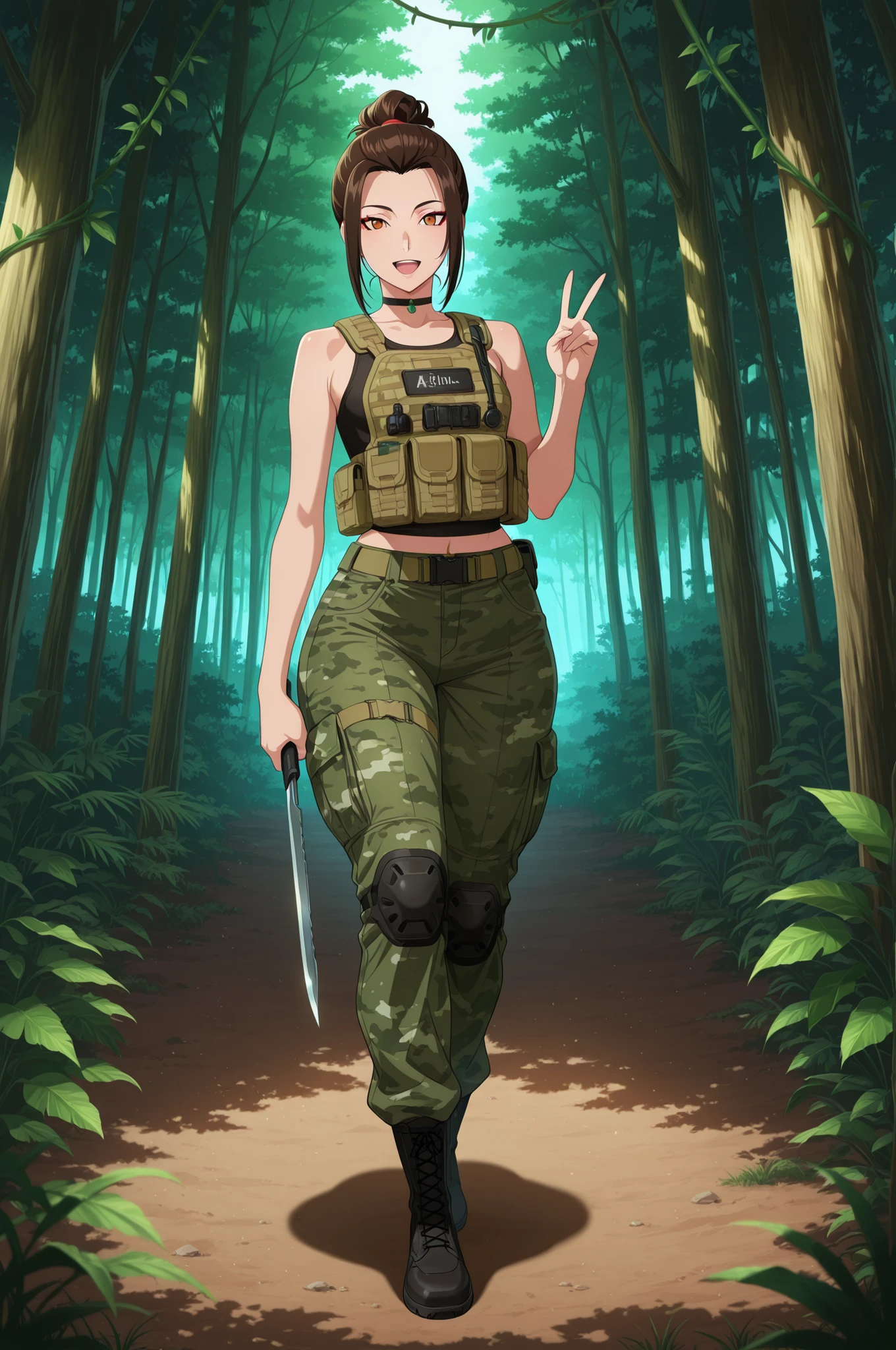 Azula , amber eyes . wavy dark brown hair strands above her shoulders. short hair. small breasts. huge hips. choker. | A wildlife hunter in dense jungle at dusk. He’s dressed in tactical camouflage gear and sturdy combat boots (берцы), carefully setting a trap on the forest floor. A hunting knife is embedded in the ground nearby. Soft evening light filters through the canopy, creating dramatic shadows. Lush tropical vegetation, hanging vines, and exotic plants surround him. In the background, hints of wild animals lurking in the undergrowth. Focus on realistic textures — rough bark, damp soil, woven camouflage fabric. Atmospheric, cinematic style, high detail, 8K resolution. --ar 16:9 --v 6