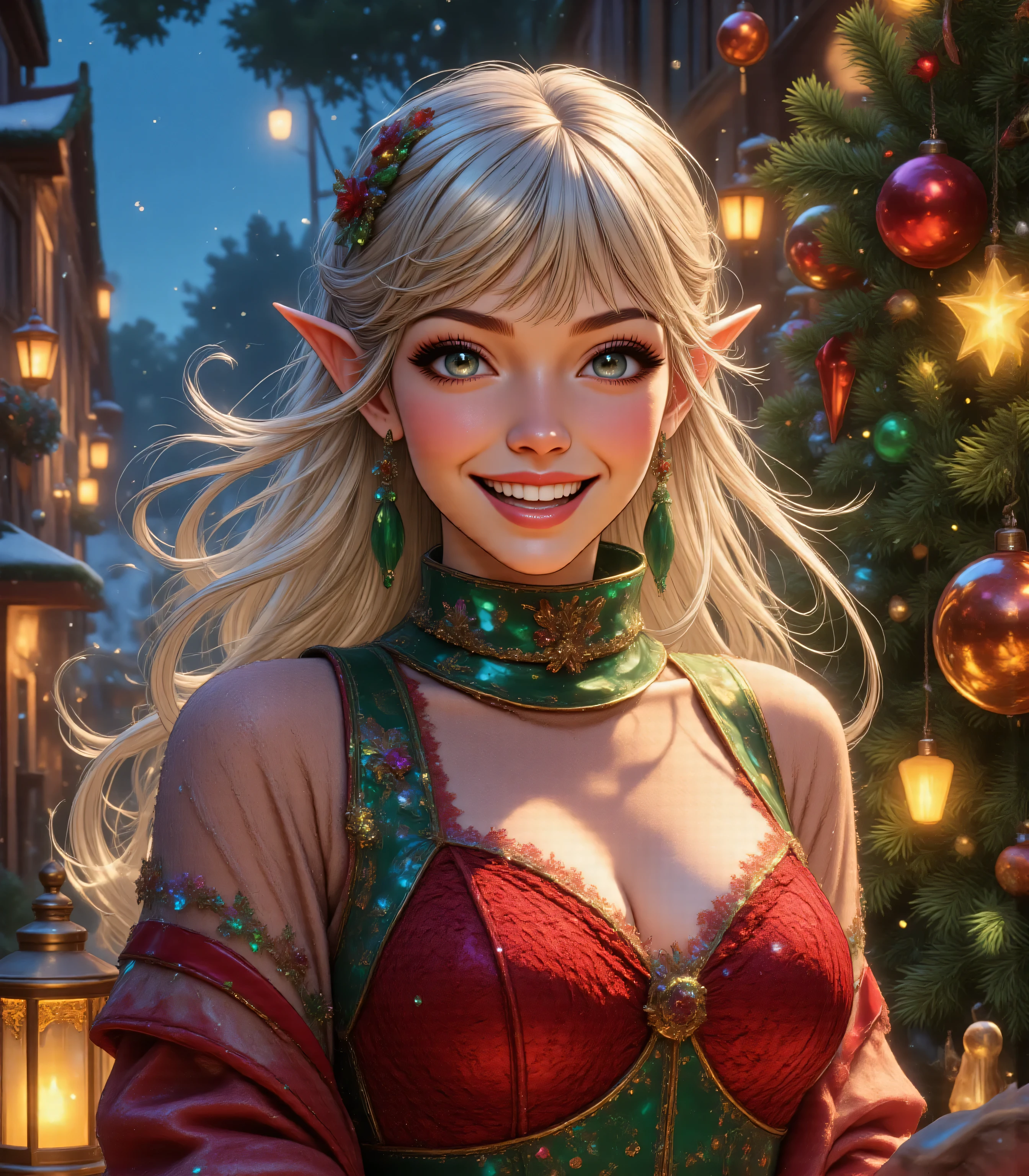 midjourney ,Colorful,realistic cartoon, a beautiful female christmas elf, funny face, wide smile, showing teeth, one tooth is broken, standing near Christmas tree filled with decorations, full body, beautiful elf, long hair strands, wearing lace dress, red and green Christmas dress, fantasy forest background, it is dawn the sun rays, sun rays hit the snow flakes, ((high contrast: 1.5),  high details, best quality, 8k, [ultra detailed], masterpiece, best quality, (extremely detailed), dynamic angle, intricate details, 