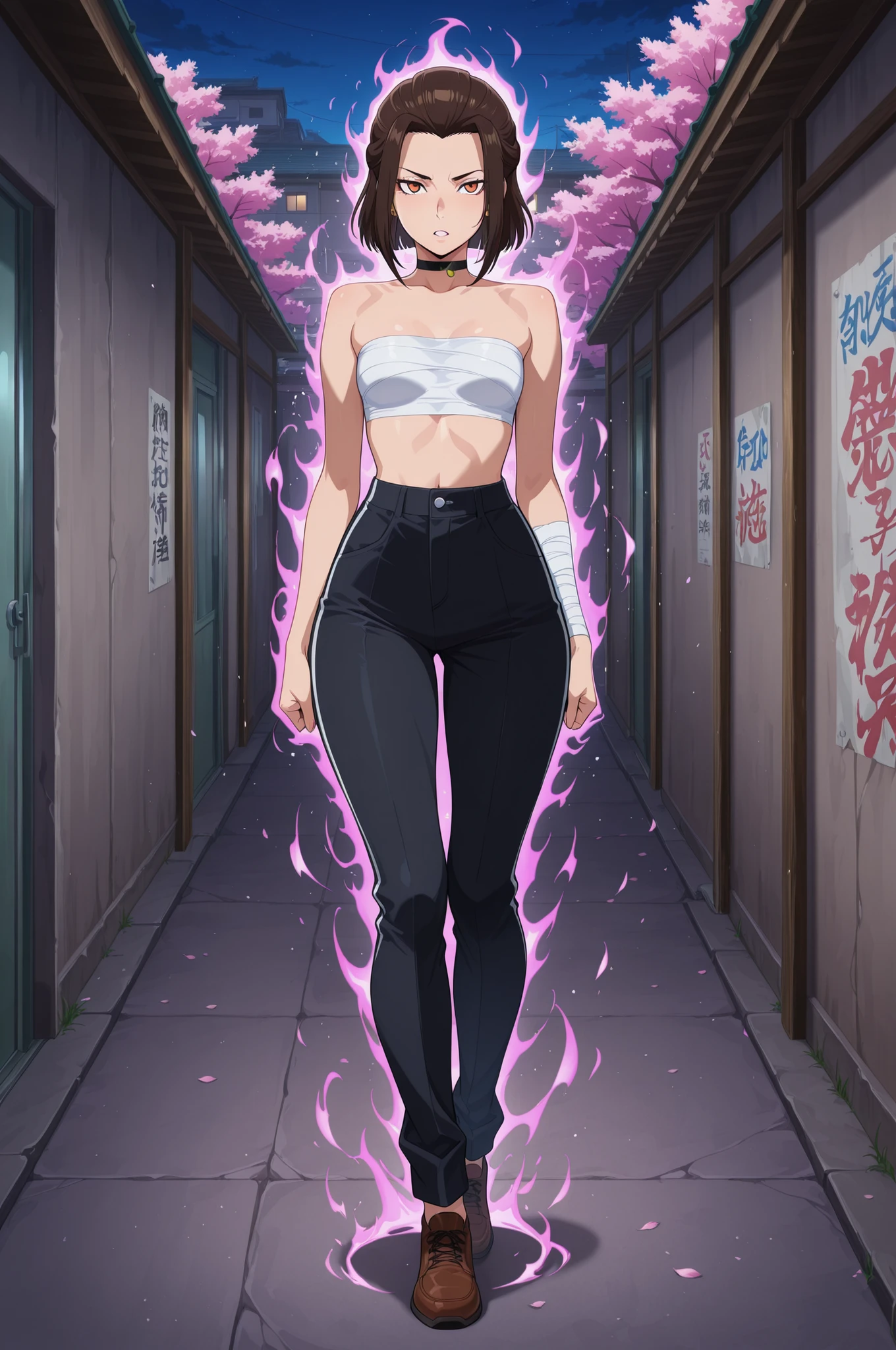 Azula , amber eyes . wavy dark brown hair strands above her shoulders. short hair. small breasts. huge hips. choker. | A JoJo’s Bizarre Adventure‑inspired scene: a character awakens in «stand‑by mode» with intense, dramatic expression. Japanese yankee style — school uniform reimagined: loose sailor‑style top (matroska), flared trousers, and rebellious flair. Tight white bandages wrapped around the chest, hinting at prior action. Setting: behind a high school building at dusk, with concrete walls, graffiti, and a lone cherry blossom tree. Stylized manga aesthetics — bold lines, high‑contrast lighting, vibrant colors, and dynamic pose. Add subtle energy aura around the character to emphasize the «awakening». Cinematic composition, ultra‑detailed, 8K. --ar 16:9 --v 6