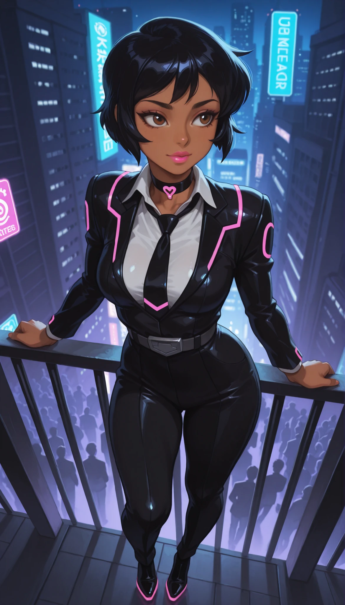  totally_spies_2k24 alex, black hair, short hair, brown eyes, dark-skinned female, pink lips, medium breasts, choker. | A crowd of people in suits defying conventions, showcasing strength and individuality. Focus on diverse business attire: tailored jackets, trousers, ties, shirts. Include alternative suit colors and cyberpunk-inspired business wear. Characters stand on a balcony with a breathtaking view of a neon-lit cybercity at night. High-tech skyscrapers, glowing holograms, and flying vehicles in the background. Dramatic lighting with neon reflections on polished shoes and suit fabrics. Ultra‑detailed, cinematic composition, 8K resolution, hyper‑realistic textures, dynamic poses. --ar 16:9 --v 6



