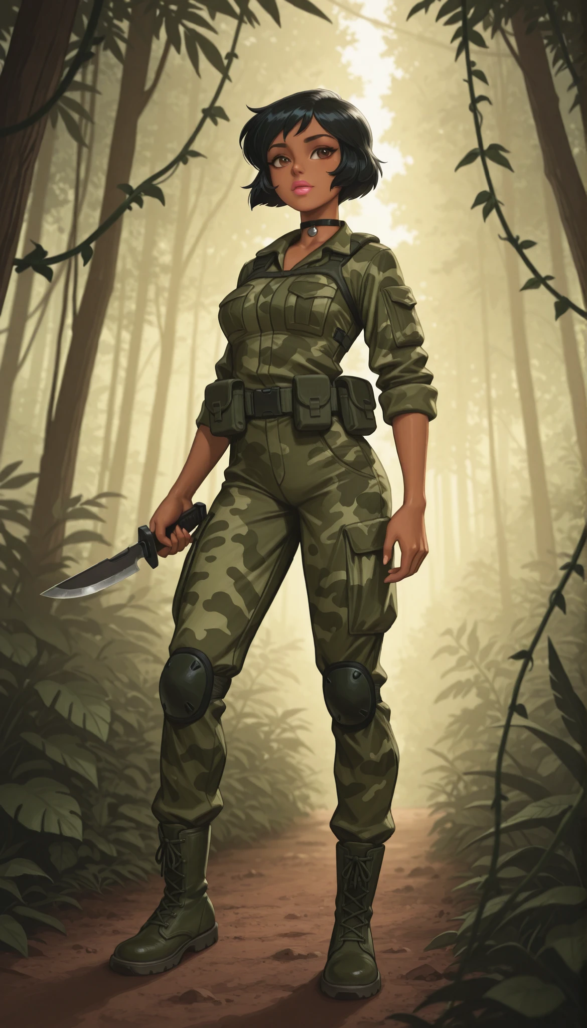  totally_spies_2k24 alex, black hair, short hair, brown eyes, dark-skinned female, pink lips, medium breasts, choker. | A wildlife hunter in dense jungle at dusk. He’s dressed in tactical camouflage gear and sturdy combat boots (берцы), carefully setting a trap on the forest floor. A hunting knife is embedded in the ground nearby. Soft evening light filters through the canopy, creating dramatic shadows. Lush tropical vegetation, hanging vines, and exotic plants surround him. In the background, hints of wild animals lurking in the undergrowth. Focus on realistic textures — rough bark, damp soil, woven camouflage fabric. Atmospheric, cinematic style, high detail, 8K resolution. --ar 16:9 --v 6



