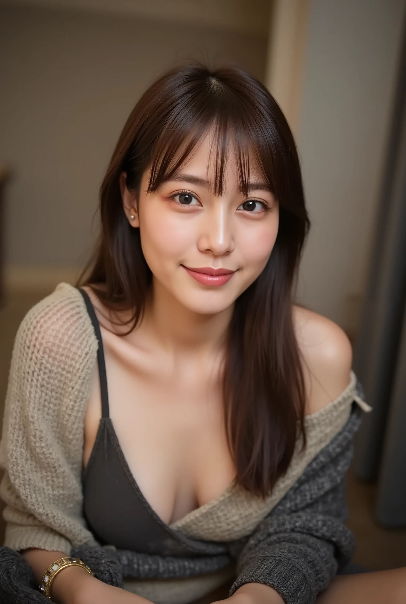 Genuine, ,  High Res Images ,  masterpiece,  以上から最High Quality ,  High Quality ,  Very Detailed,  MORE INFO,  vivid details,  sharp concentration , Professional Light ,  Alone,  1 girl,  young Japanese woman, Up to , (( brown hair, pixie cut )), ((  tanned skin at night  :1.1)),active,  like a boy ,  charm,  , Tiny Head, Small Faces,beautiful detailed face, (smile) , ((sweater, miniskirt)), ((big :1.4)),  Front Map,  viewers,  perfect hands,  Perfect Anatomy,((On a date,Cafe)、cleavage