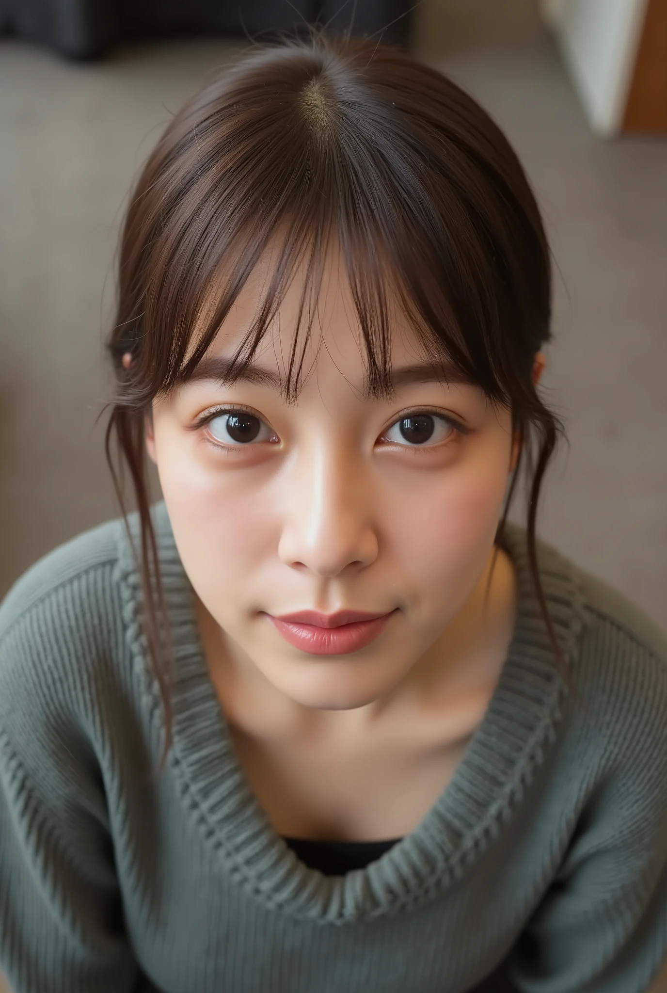 Genuine, ,  High Res Images ,  masterpiece,  以上から最High Quality ,  High Quality ,  Very Detailed,  MORE INFO,  vivid details,  sharp concentration , Professional Light ,  Alone,  1 girl,  young Japanese woman, Up to , (( brown hair, pixie cut )), ((  tanned skin at night  :1.1)),active,  like a boy ,  charm,  , Tiny Head, Small Faces,beautiful detailed face, (smile) , ((sweater, miniskirt)), ((big :1.4)),  Front Map,  viewers,  perfect hands,  Perfect Anatomy,((On a date,Cafe)、cleavage