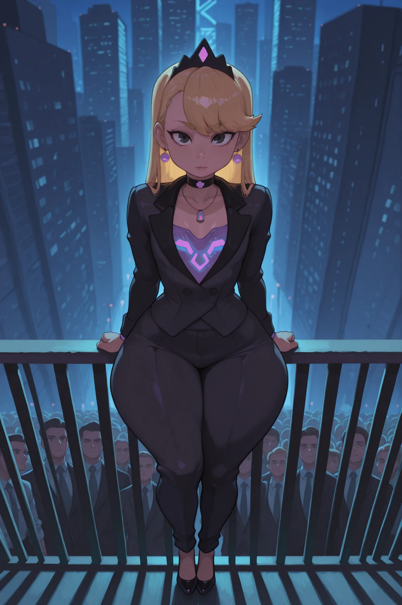 flat breasts. flat chest, skinny, huge hips, looking at viewer, 1o1a, blonde hair, tiara, Black eyes, earrings, necklace, choker. | A crowd of people in suits defying conventions, showcasing strength and individuality. Focus on diverse business attire: tailored jackets, trousers, ties, shirts. Include alternative suit colors and cyberpunk-inspired business wear. Characters stand on a balcony with a breathtaking view of a neon-lit cybercity at night. High-tech skyscrapers, glowing holograms, and flying vehicles in the background. Dramatic lighting with neon reflections on polished shoes and suit fabrics. Ultra‑detailed, cinematic composition, 8K resolution, hyper‑realistic textures, dynamic poses. --ar 16:9 --v 6




