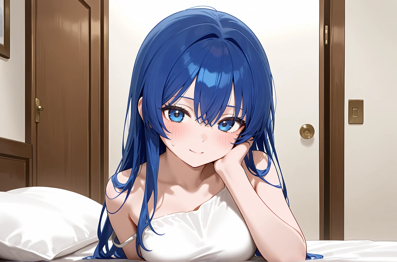 (masterpiece, best quality, high resolution, 8k:1.2),(anime), Roxy_Migurdia(mushoku tensei), 1girl, Blue eyes, Crimson blue hair, twin braids, long hair, small , solo, (, bed, Lying on your back, blushing:1.2), (watching at viewers:1.2), dynamic angles,