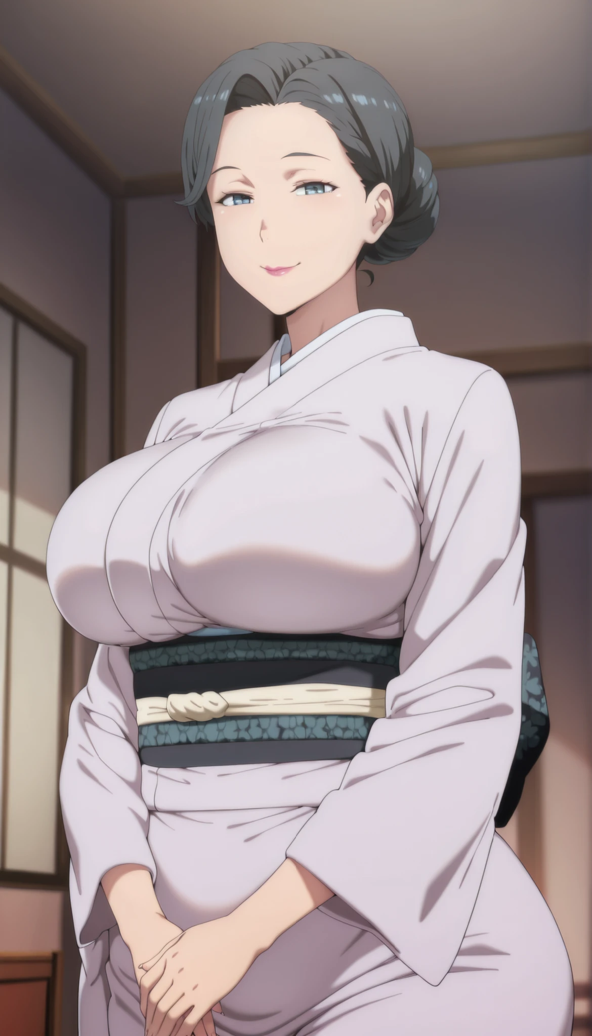 1woman,solo,mm,mature female,hair bun,black hair,blue eyes,lipstick,anime coloring,
kimono,looking at viewer, indoors,smile,
,masterpiece,best quality,amazing quality, big breasts, thick plumpy thighs, wide curvy hips, voluptuous body, Curvy body, thicc woman, indoor, bedroom.