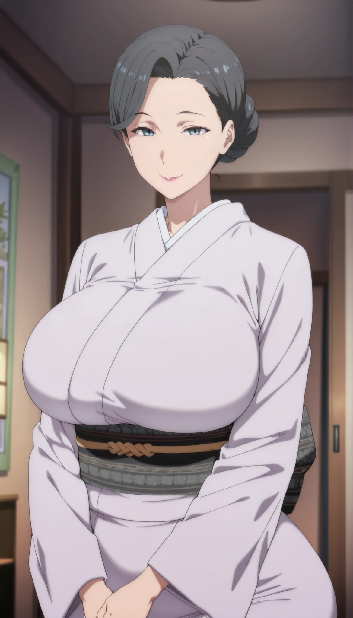 1woman,solo,mm,mature female,hair bun,black hair,blue eyes,lipstick,anime coloring,
kimono,looking at viewer, indoors,smile,
,masterpiece,best quality,amazing quality, big breasts, thick plumpy thighs, wide curvy hips, voluptuous body, Curvy body, thicc woman, indoor, bedroom.
