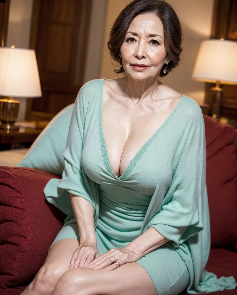 highest quality, masterpiece, High resolution, Realistic, RAW Photos, 8k wallpaper, perfection, Professional Lighting, Very detailed, ((One beautiful woman)), 80 years old, ???? Woman, ((Black Dress)), Cleavage, Upper Body, ((look into the viewer'eye)), Detailed face, Beautiful eye, ((I'looking forward to it)), In the stylish dining room, sunny, bangs, Shapely ???????, Short Bob Hair, Plump and glossy lips, Cowboy Shot, ((Place your arms between your legs))