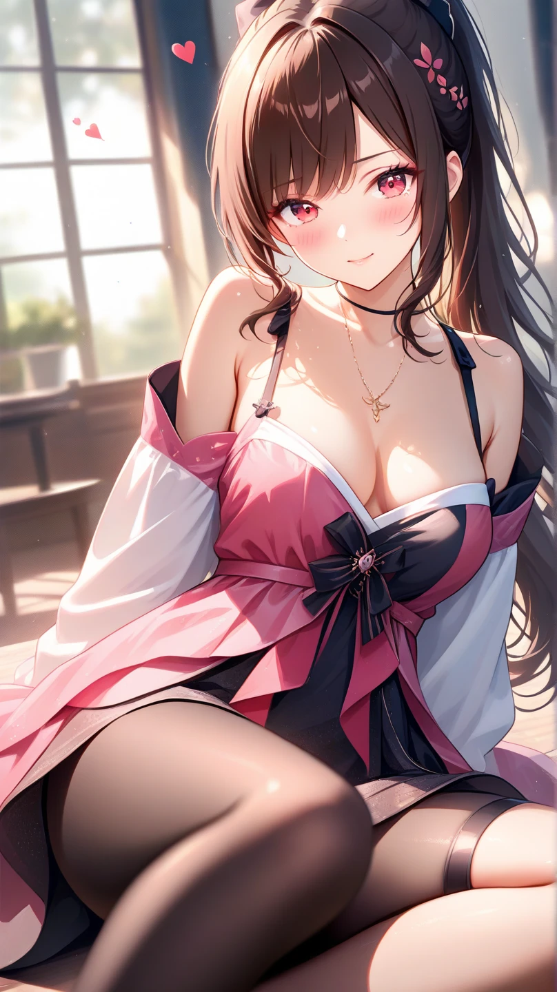 ((masutepiece, Best Quality, hight resolution, nffsw, Perfect Pixel, 4K, nffsw, nffsw))), 1girl in, Single, Solo, Beautie、full body seen、 ((Middle Wave Hair, Bangs, Brown hair)), ((Brown-eyed, Beautiful eyelashes, Realistic eyes)), ((Detailed face, Blushing:1.2)), ((Smooth texture:0.75, Realistic texture:0.65, Photorealistic:1.1, Anime CG style)), medium breasts, Dynamic Angle, Perfect body, ((Santa Claus Costume、Red knitted hat、red and white off shoulder sweater、red and white flared skirt、Black garter stockings、Kamimei、Shy smile、See-through nipples)), Classrooms without people、Sit on a desk、Lower&#39;I took my foot off the desk............................、early evening、、((Angle looking up from below))、Very embarrassing panic smile、Lift your chest with your hands、Open both legs、Open your knees wide、sexy pink floral lace panties)、