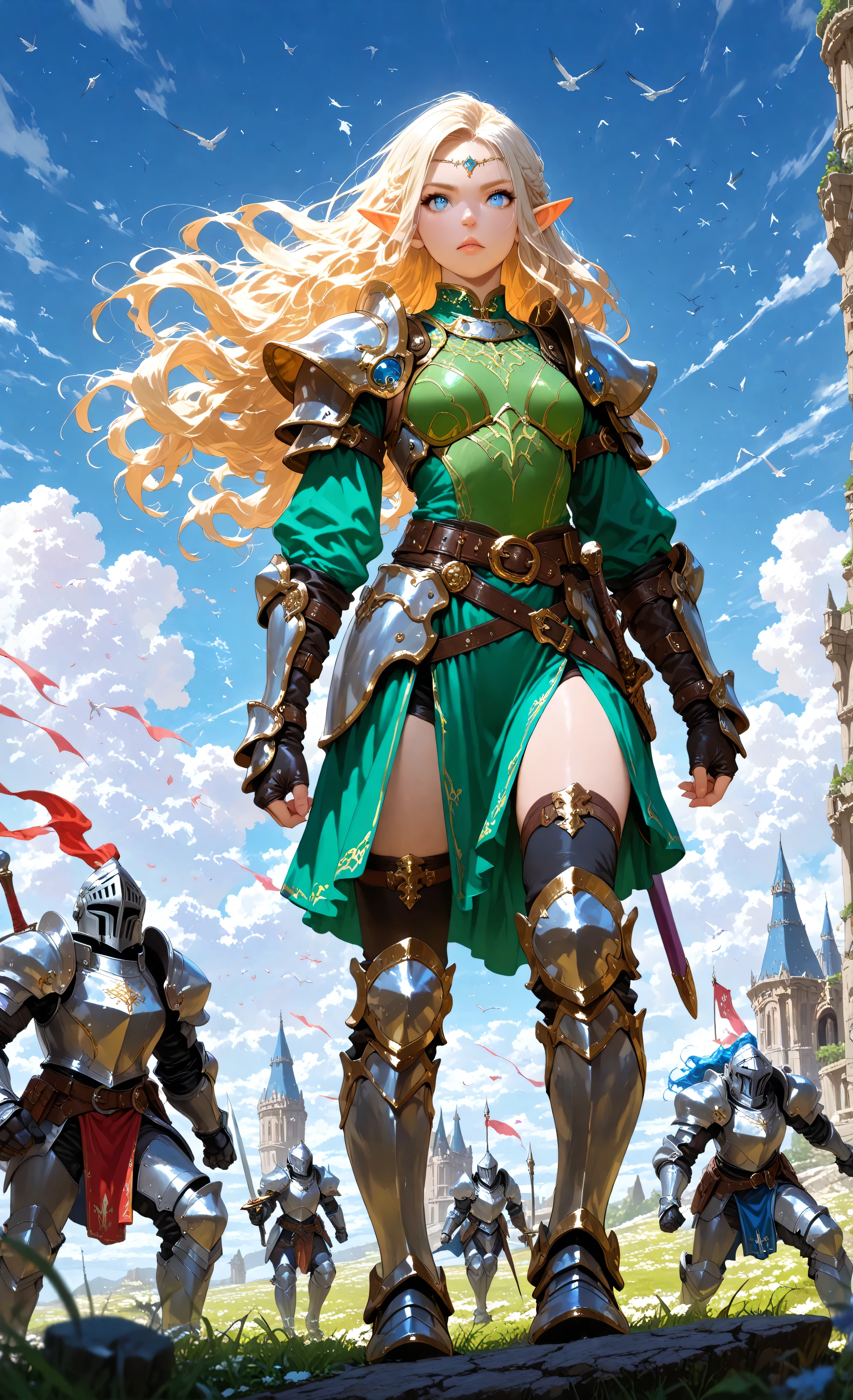 wallpaper of an elf knight, elf warrior, princess knight, shinning knight, ready for battle, female elf , full body ultra detailed face, ultra feminine, fair skin, exquisite beauty, gold hair, long hair, wavy hair, small pointed ears, dynamic eyes color, wearing heavy mech armor, purple shinning armor, armed with elven sword, green meadows, blue skies background and some clouds, depth of field, high details, best quality, 16k, [ultra detailed], masterpiece, best quality, (extremely detailed), photorealistic, , fantasy art, dnd art, rpg art, realistic art, a wide angle, (intricate details, Masterpiece, best quality), full body (intricate details, Masterpiece, best quality), high details, best quality, fantasy