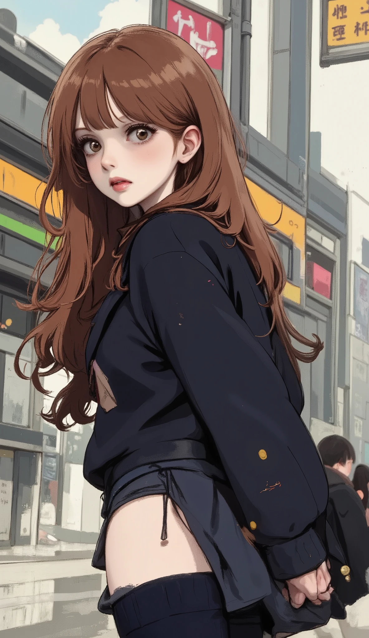 (( )), (( masterpiece)), ( high resolution), 8K, Best Tone , The best natural light, Kinematic Dust , High school student climbing the stairs 、20 years, ( brown hair)、 looking back , shy、 Chaqueta azul marino 、navy blue skirt、(dark blue socks)、(( Back view))、 Angled from directly below the back , (( is landing seen from below ))、dark blue socksのクローズアップ、 Arrangement of the sleeve panels 、 cartoon style 、Sleeve design、 station stairs 、On the way to school, A skirt that moves with the wind, Elegant white underwear hidden under a skirt , cuerpo delgado , thighs, embarrassed expression