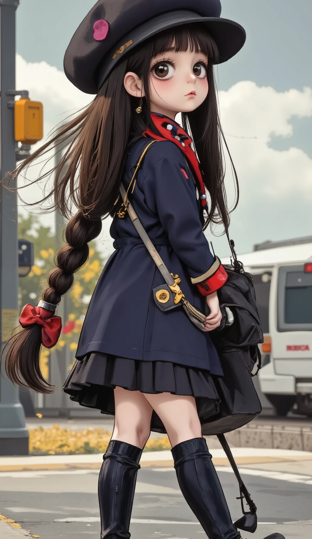 (( )), (( masterpiece)), ( high resolution), 8K, Best Tone , The best natural light, Kinematic Dust , High school student climbing the stairs 、20 years, ( brown hair)、 looking back , shy、 Chaqueta azul marino 、navy blue skirt、(dark blue socks)、(( Back view))、 Angled from directly below the back , (( is landing seen from below ))、dark blue socksのクローズアップ、 Arrangement of the sleeve panels 、 cartoon style 、Sleeve design、 station stairs 、On the way to school, A skirt that moves with the wind, Elegant white underwear hidden under a skirt , cuerpo delgado , thighs, embarrassed expression