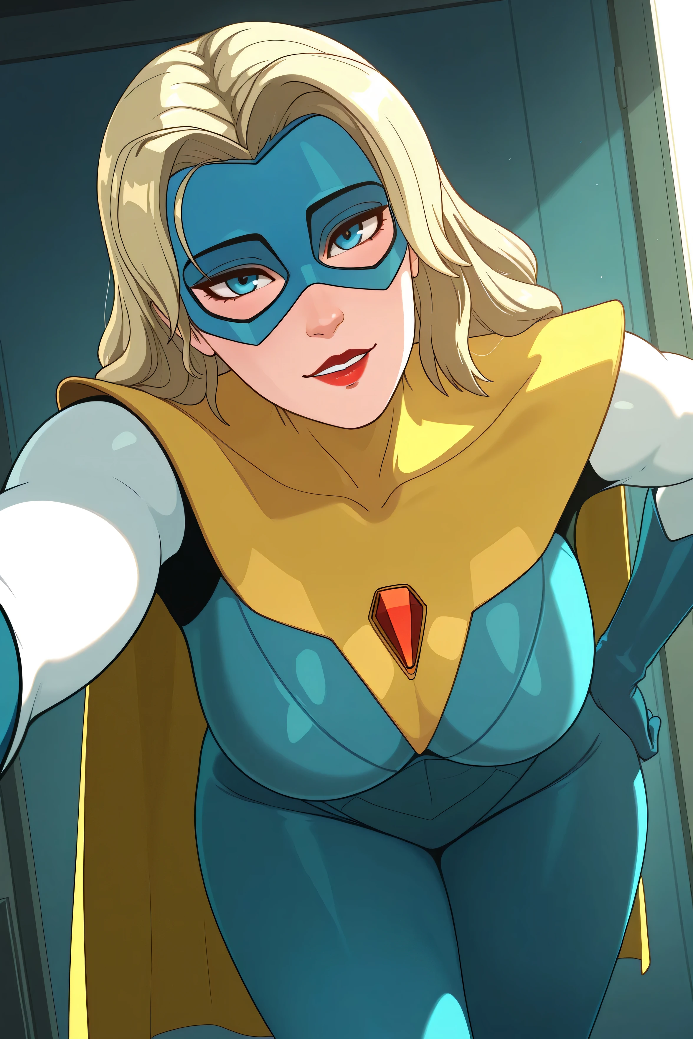 kabedon on viewer, dispatch_blonde_blazer, blue and yellow superhero costume, looking at viewer, blushing, indoors, biting lip, one hand resting on hip,leaning forward,red lips, white long sleeves, blue gloves,teeth,mature woman, adult,narrow waist, curvy, juicy thighs,blushing, red lipstick, huge saggy breast, huge waist, yellow shoulders, cowboy shot,headpatpov, arm up,kabedonpov, leaning forward, head tilt,dynamic angle, hand on own hip, kabedon on viewer, leaning forward, face to face, in front of viewer,one hand holding viewer,one hand grabbing viewer, other hand resting on hip,