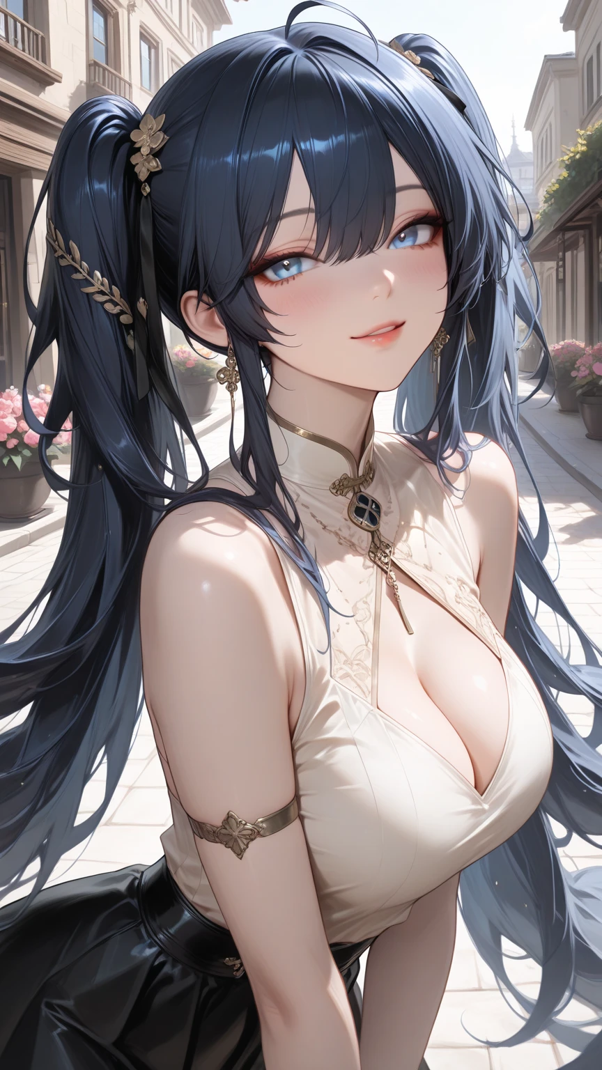 8k, masterpiece, bset quality, girl in tight black dress luxury, glossy,  fantasy anime artwork, fantasy anime illustration, 8k badass anime, anime art wallpaper 4k, 4k anime art wallpaper, 2.5 d cgi fantasy anime artwork, 8k anime art wallpaper, detailed digital anime art, beautiful fantasy anime, epic anime artwork , 4k anime wallpapers, detailed anime artwork, , , giant, women, anime style, best quality, extremely detailed, best silhouette), (details) font background, dark fantasy), (beautiful detailed face), high contrast, (best lighting details, extremely delicate and beautiful), ((cinematic lights)), colorful, super detailed, dramatic lighting, intricate details, (1 girl, solo, sharp face,...dark blue hair, super long hair, thick tifa-style bangs, long eyelashes, dynamic angles) , black light swirling around the character, depth of field, black light particles, wearing a luxurious, noble tight dress, tight, stockings, water effect, magic effect
