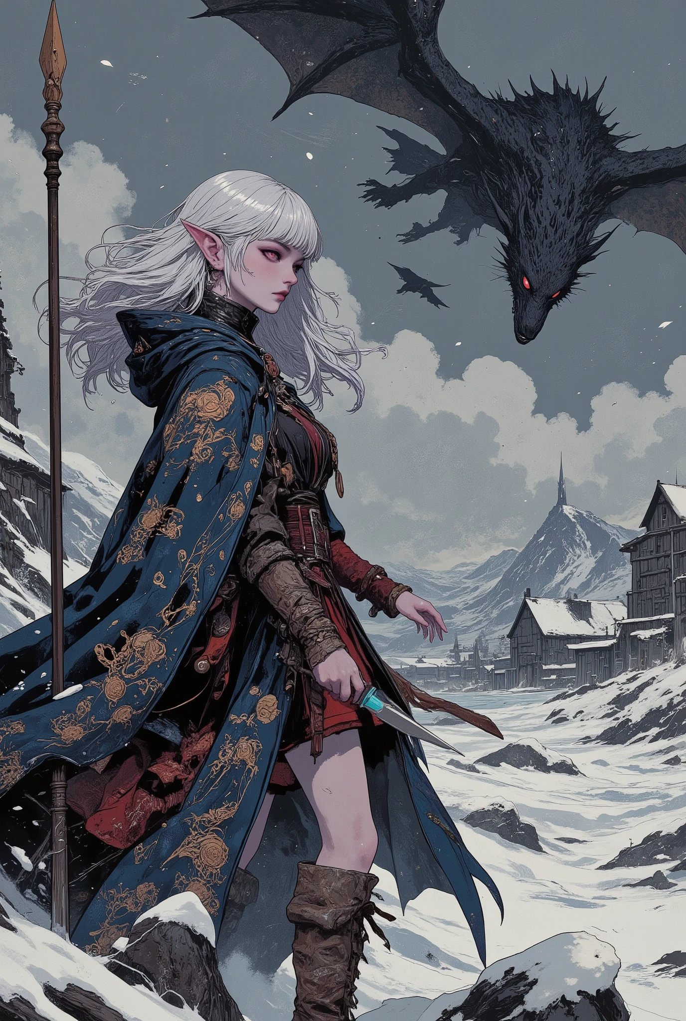 (A digital art piece blending ukiyo-e with dark fantasy, creating an aesthetic and gothic style. Detailed depictions of the face and body. Dark heroine.) BREAK
(A small port town in medieval Scandinavia, where the sea freezes in bitter cold. Dark gray clouds hang low in the sky, and a fierce blizzard blankets the surroundings in white mist. A black dragon spreads its wings wide, flying gracefully through the air. A dark elf dragon slayer stands with her back turned, her body twisted in a bold pose, gazing at the black dragon while holding a dragon lance longer than her own height in one hand.) BREAK
(The dark elf dragon slayer has snow-white hair, a blunt fringe, long flowing locks, long white lower lashes, lavender-colored eyes, thick dark eyeliner, and pink lips.) BREAK
(The dark elf dragon slayer wears a cloak of dark blue velvet embroidered with tiny gold scorpions in a medieval Spanish gypsy-inspired design, paired with a short-hemmed, dark red velour lace-up dress. She wears soft brown leather boots with knee-length turn-ups. A lighr blue dagger hangs from her waist belt.)