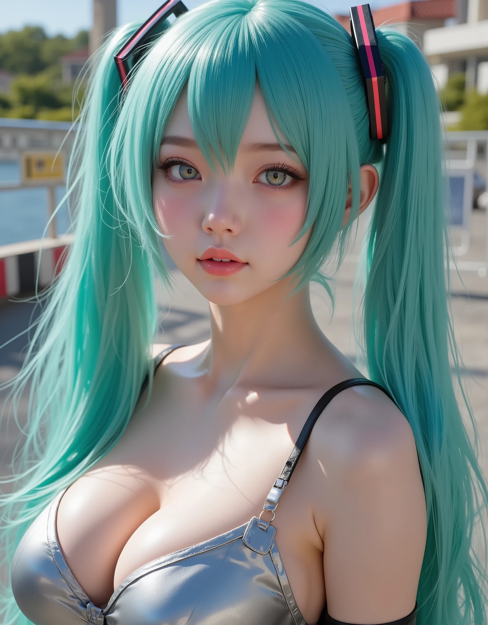 close up (hyperrealistic) The ((Hatsune Miku)),rostro hermoso,hair ((verThe esmeralda)),((very long twin pigtails)),eyes granThes,eyes ((verThe esmeralda ultraThetallados)),Thetalles finos en el rostro,pestañas largas y Thefinidas,textura realista The piel,subtle glitters on pale skin like porcelain,emphasized bust,perfect anatomy,Sleeveless silver shirt,hombros Thescubiertos,mangas The campana negras,corbata The cuello verThe esmeralda,short black pleated skirt,Thigh-length black tights,(RAW photograph),(photorealistic),(hyperrealistic),(masterpiece),(High quality),(Thefinición 8K),(ultra Thetallada),(resolución absoluta),(Thetalles exquisitos),(hdr),realistic style,iridescent effects, surreal background,cinematic lighting,contraste dinámico The luz y sombra