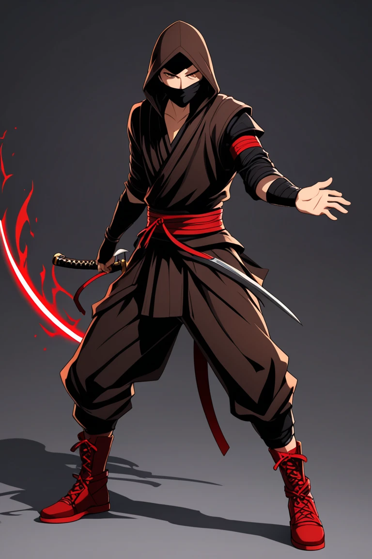 hooded guy wearing black robe facing a destroyed city as background, dynamic pose, determination