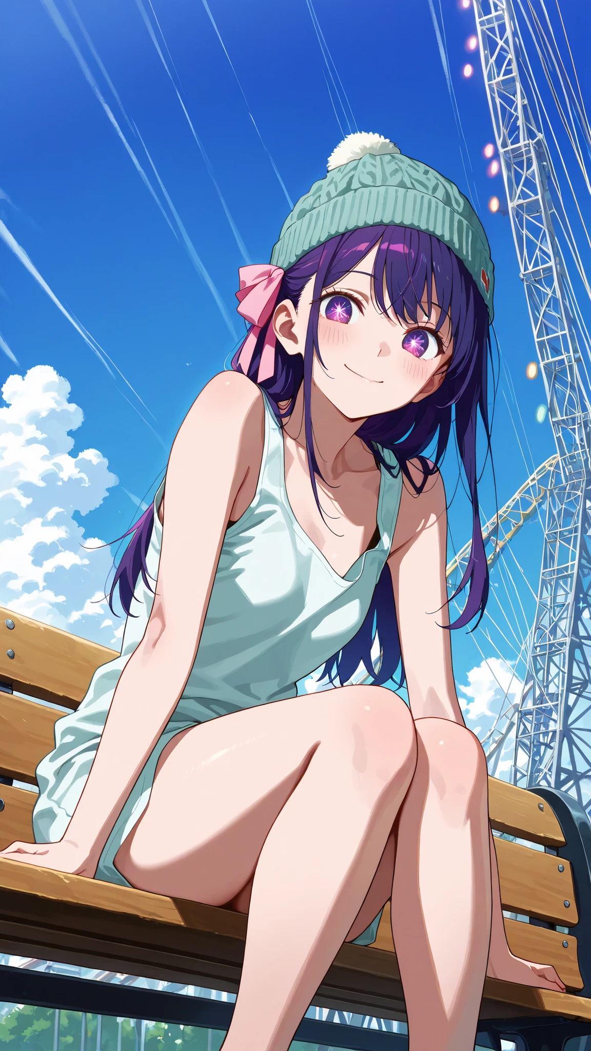 best quality, kubo_san, 1girl, white swimsuit,  long purple hair, purple eyes, smile, blush,standing, arms behind back, upper body, outdoors, beach, sunshine, sea, Presenting armpit, sweaty armpit, arm up,  belt