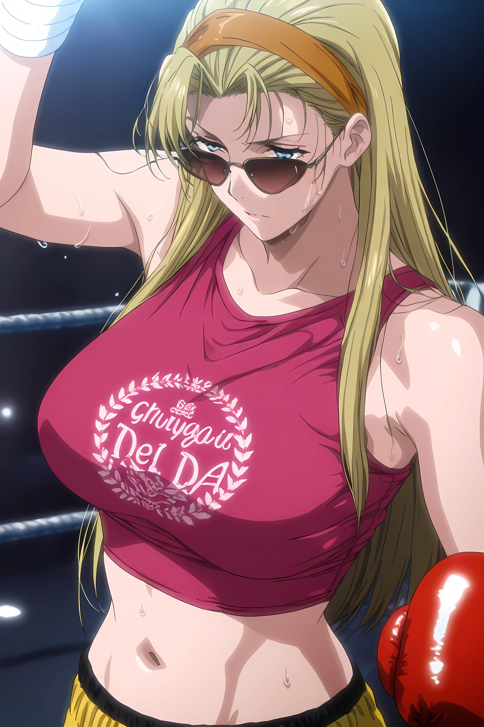 1girl, solo, young mature, <lora:Eda_SDXL_IL_V1:1>,e1d22,1girl,solo,blonde hair,long hair,straight hair,orange hairband,blue eyes,sunglasses,large breasts,pink crop top,clothes writing, boxing gloves,navel, midriff, sweating