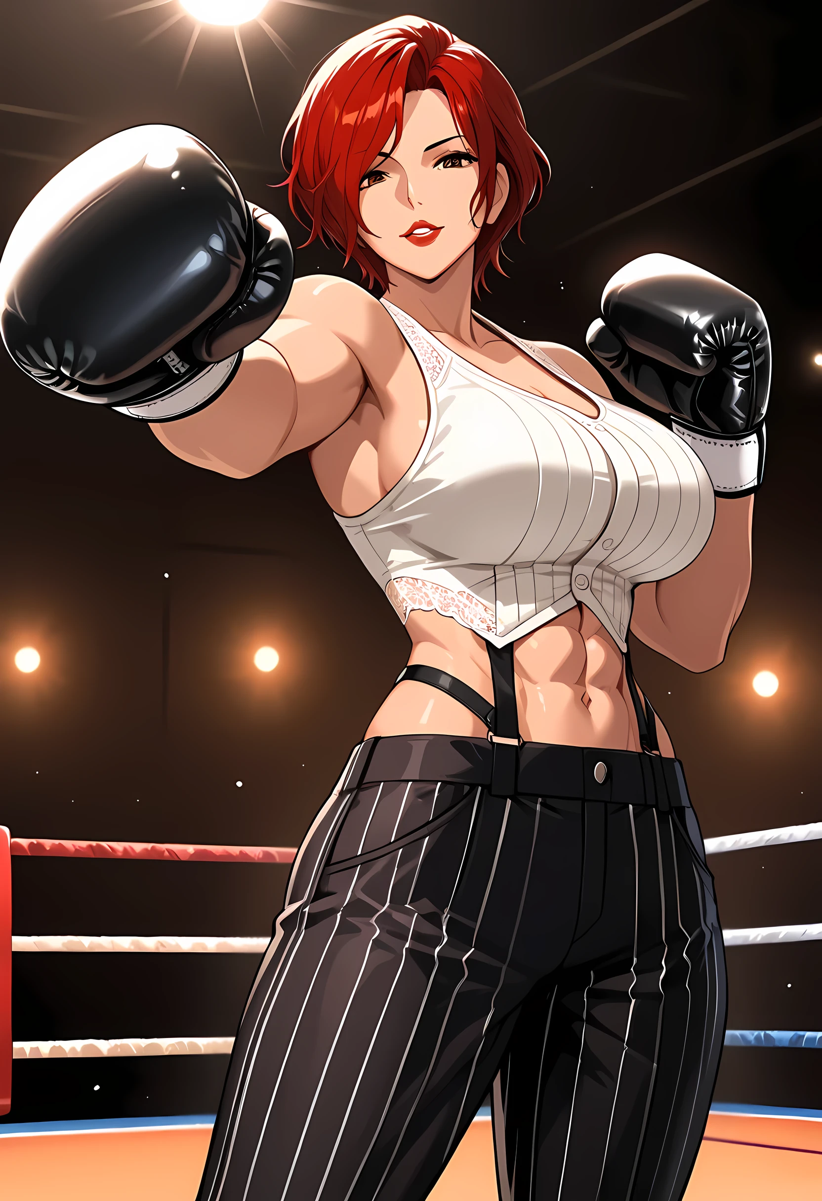 Anime style, 1 girl, solo, looking at viewer, mature woman, ((Vanessa from KOF)), short red hair, waved hair, parted bangs down, brown eyes, red lips, soft smile, parted lips, white tanktop, big breasts, abs, toned body, slim waist, attractive, motherly, lace, black social pants, boxing gloves, rosy skin, tall woman, sexy woman, pose, boxing stance, punching, soft light, in a gym, masterpiece, high quality, 8k, high definition, full HD.